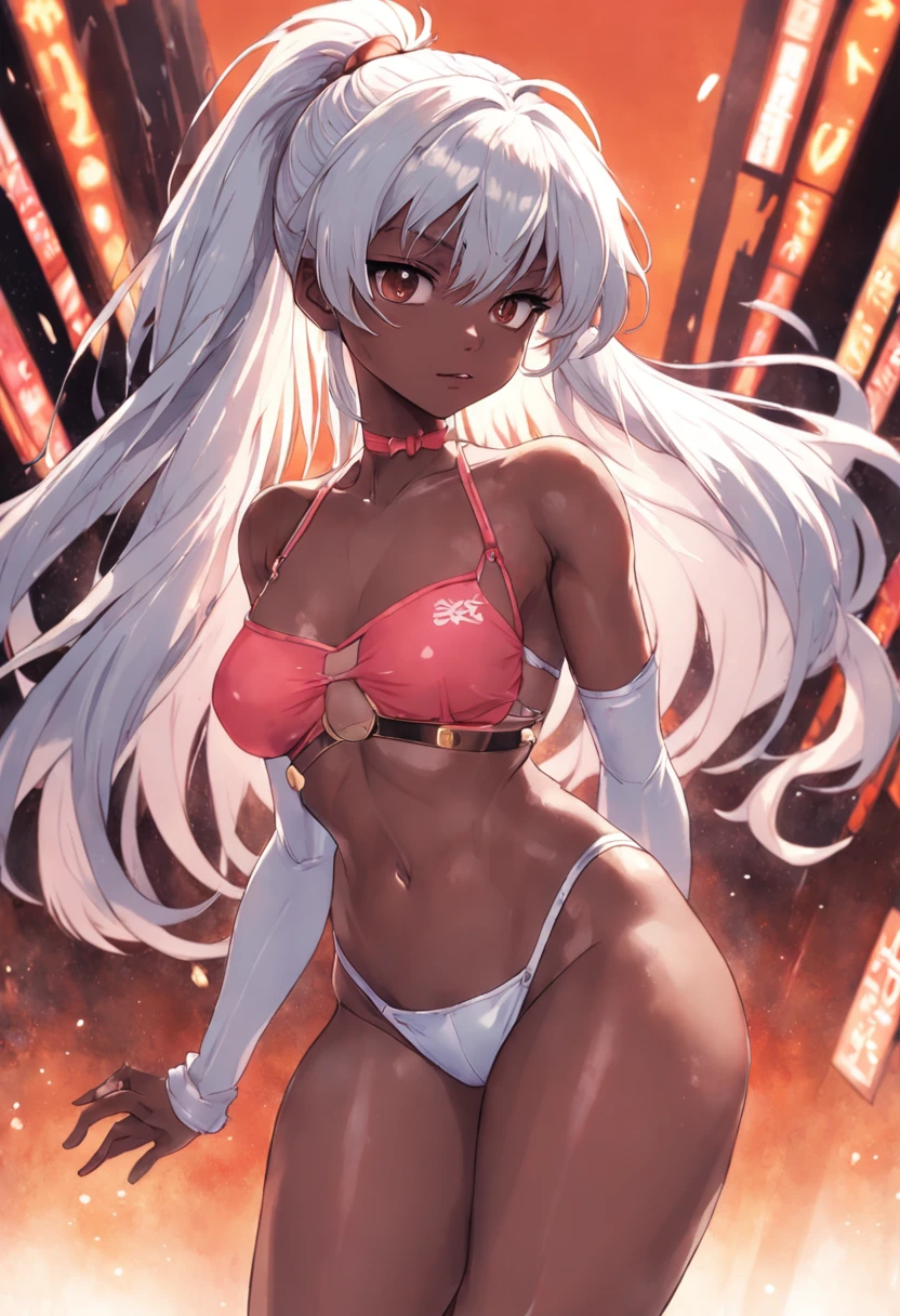 [retro anime], old anime, 1980s \(style\), 1990s \(style\), watercolor \(medium\), (women calvin klein underwear), ((best quality)), ((masterpiece)), [detailed], [anime and manga image], [captivating], [enchanting], {ponytail}, oldschool, solo, dark skinned female, white hair, (hyperdetailed:1.15), [detailed], ((best quality)), ((masterpiece)), (soft light, sharp:1.2), (illustration, uhd, unreal engine, sharp focus,), op quality, best quality, official art, ultra detailed texture, ((art by marc brunet)), [pixiv], (femdroid), {female android}, [femdroid],