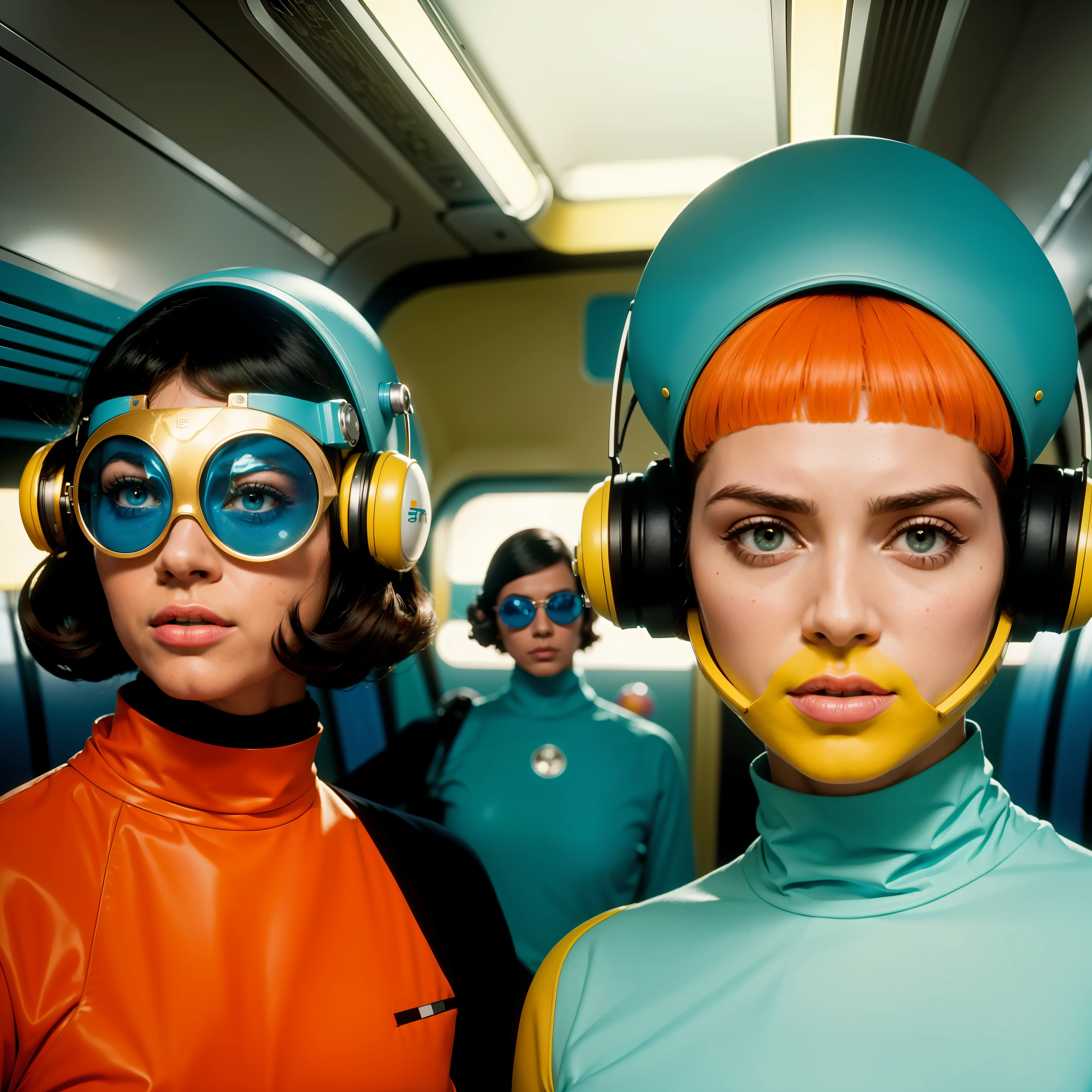 8k image from a 1970s science fiction film, imagem real, Estilo Wes Anderson, pastels colors, a man between two women wearing retro-futuristic fashion clothes and futuristic technological ornaments and devices, Luz Natural, cinemactic, Psicodelia, futurista estranho, retro-futurista, foto premiada, intricate, sharp details,