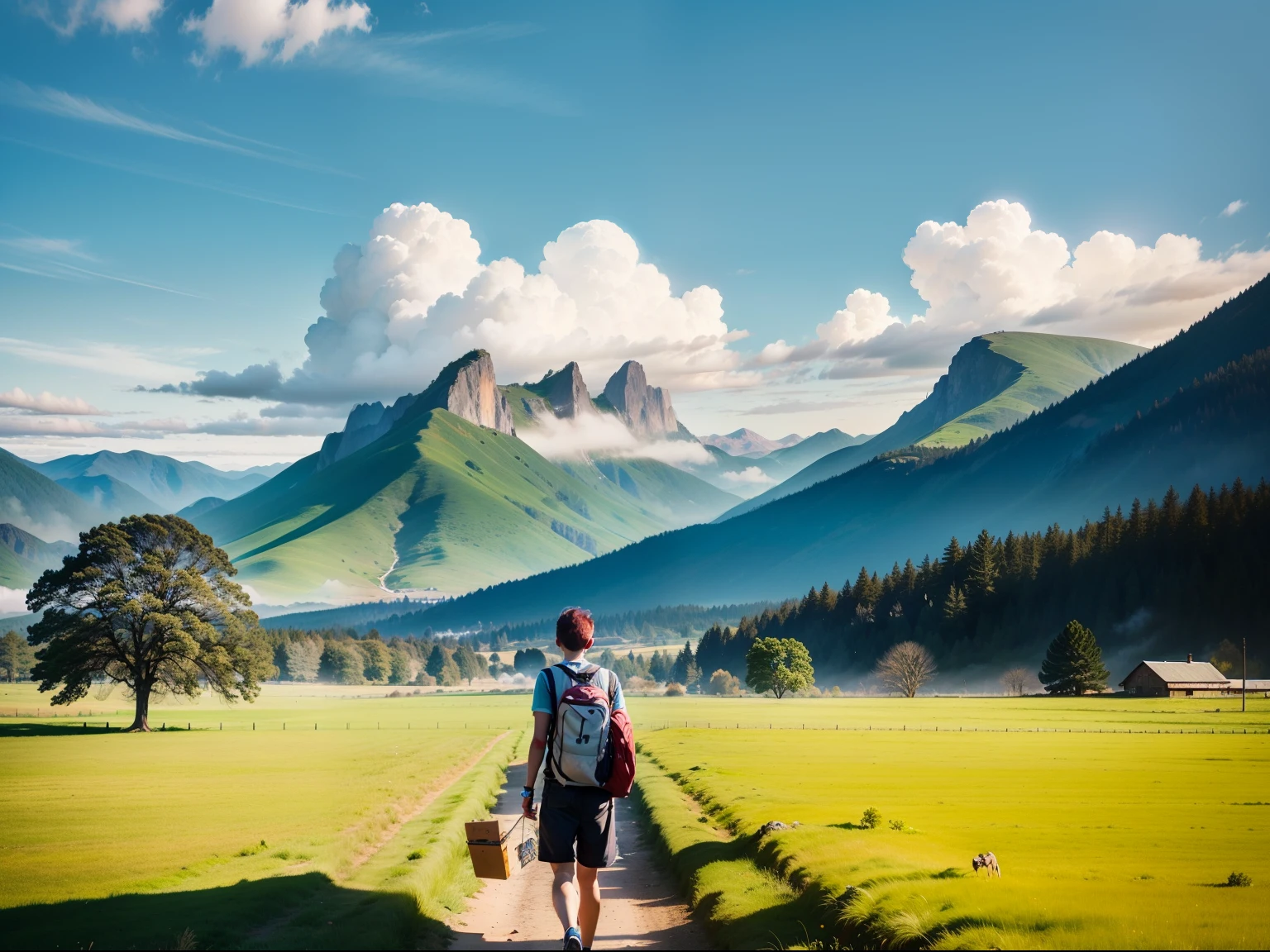 18yr old，Sunshine lad，On the go，There are vast green fields around, Jagged tree，Mountains in the distance, White clouds and blue sky