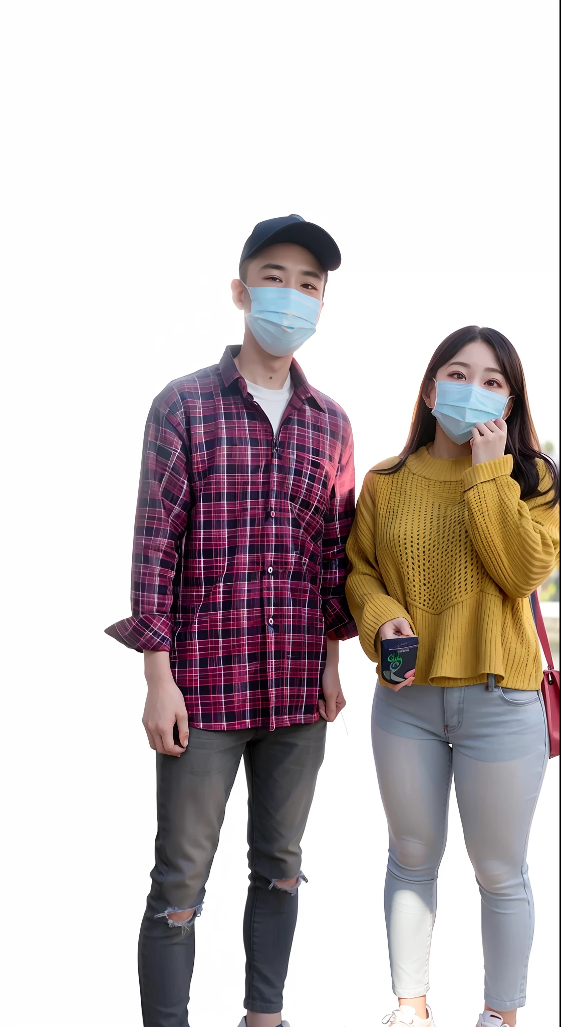 they are wearing masks and standing next to each other, surgical mask covering mouth , student, landscape double eye lits in hilly