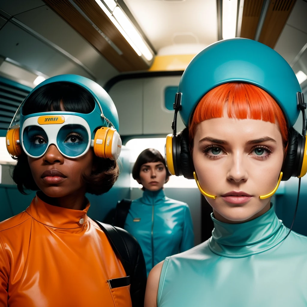 8k image from a 1970s science fiction film, imagem real, Estilo Wes Anderson, pastels colors, a man between two women wearing retro-futuristic fashion clothes and futuristic technological ornaments and devices, Luz Natural, cinemactic, Psicodelia, futurista estranho, retro-futurista, Foto premiada, intrincado, Sharp details,