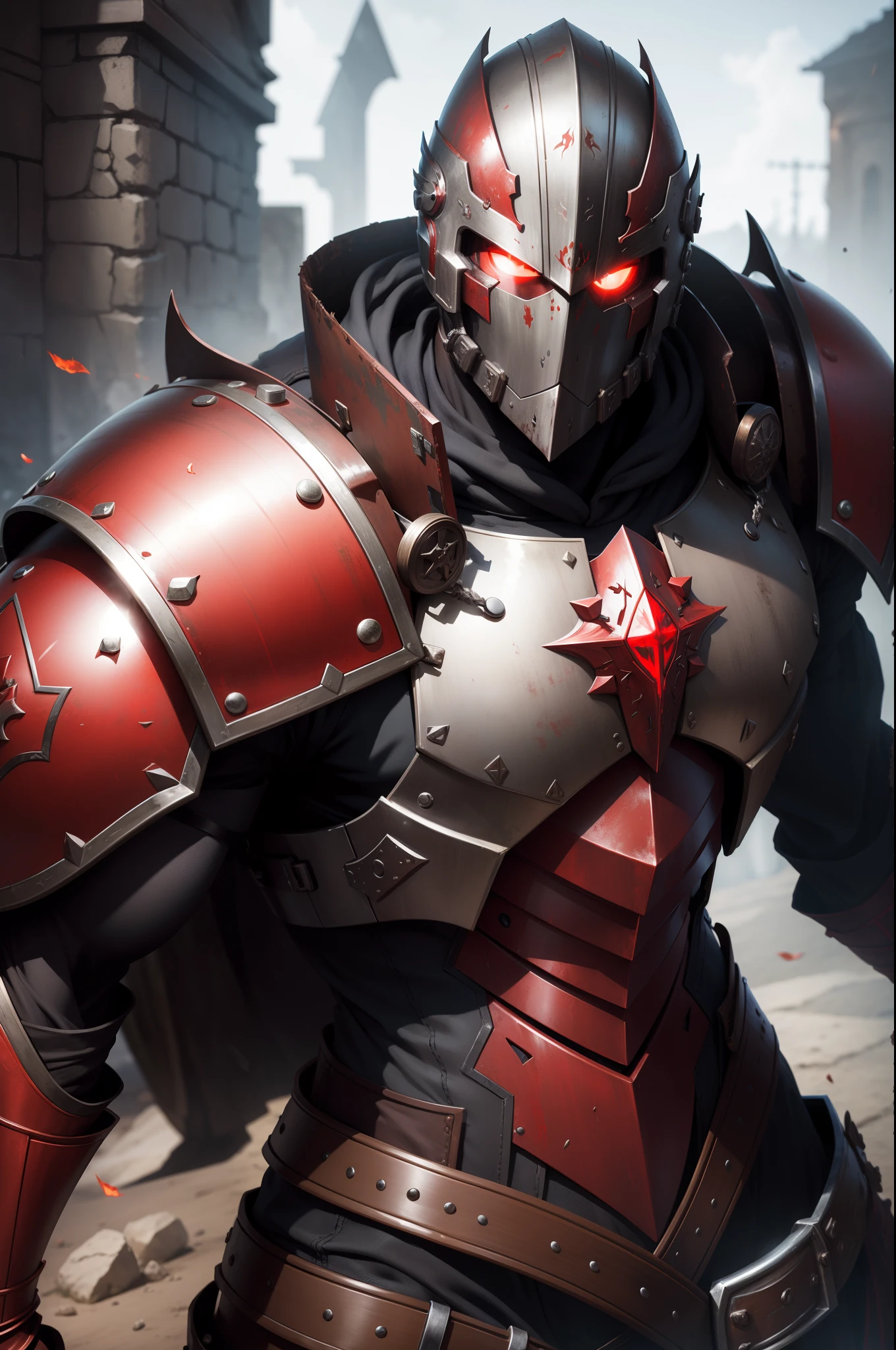 massiver antiker Ritter, rusted armor, glowing red eyes, masculine, Helm, very muscular, breite Schultern, schwer