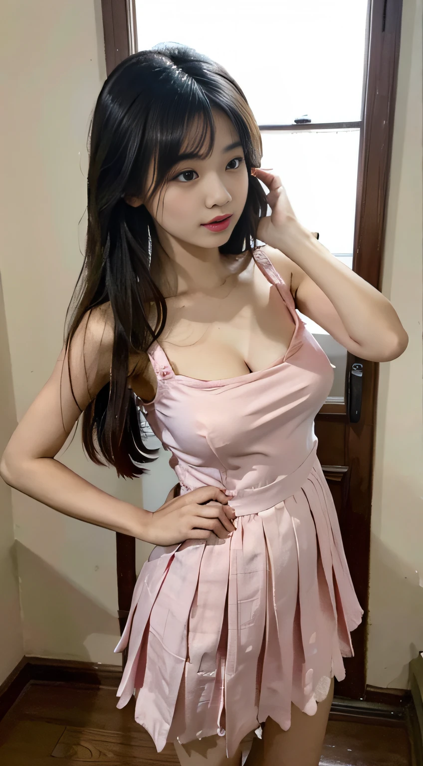 Master quality, highest quality, best picture quality, exaggerated details, a princess cute 8 asian little gth a shy expression, slightly squinted eyes, adjusting her hair, long eyelashes (long hair / very, very exaggerated big breasts, big tits / in pink white pentticoat, qipao dress, short skirt), posing in front of the camera, wet breast see under wear, open slim and tall waist, silk lace, hanfu open cloth
