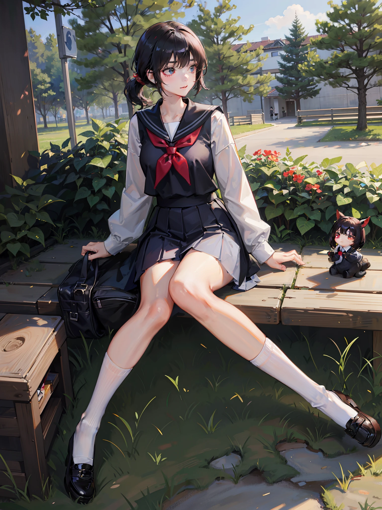 absurdres, RAW photo, extremely delicate and beautiful, masterpiece, Best Quality, ultra high resolution, 32k, hyperrealistic, ultra-detailed, in her 20s, delicate facial features, tearful mole, earring, medium breasts, full body shot, shorter middle hair, black hair, (summer school_uniform),