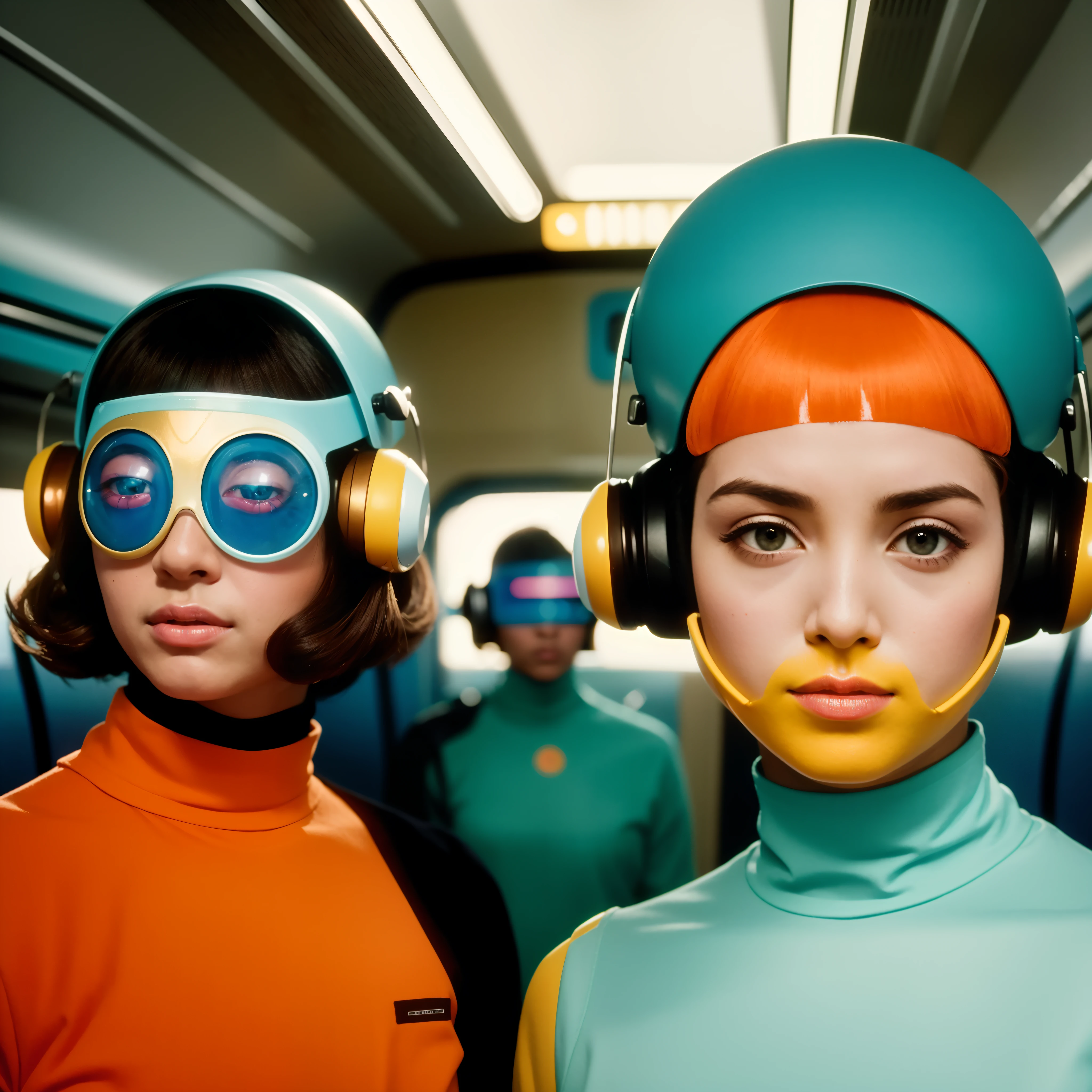 8k image from a 1970s science fiction film, imagem real, Estilo Wes Anderson, pastels colors, a man between two women wearing retro-futuristic fashion clothes and futuristic technological ornaments and devices, Luz Natural, cinemactic, Psicodelia, futurista estranho, retro-futurista, Foto premiada, intrincado, Sharp details,