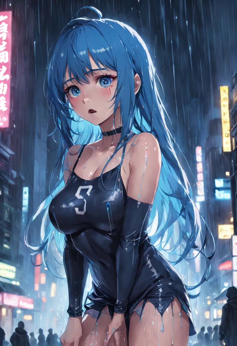 Girl standing in heavy rain, Night in the yard, Skyscraper lights, Wet characteristics, Wet clothes, Sadness Face, Tears on her cheeks, The sadness on her face, Blue hair, Blue eyes, negative:Crooked fingers, Thick legs, Incorrect body posture 4K,Masterpiece,Best quality))]，Girl group，dance，lamplight，Girl group dance，spread their legs，Spread your legs，Spread your legs，Open gear，Smooth skin, Solo,waist-length hair,，Erotic ，gigantic cleavage breasts，Burst breasts，nedium breasts，Super huge breasts。Super huge，extra very long hair，Black lace stockings，slimfigure，Vest line，Wrinkles，exposing your navel，revealing her belly，Long-sleeved crop top，pleatedskirt，full bodyesbian，dishiveredhair，Orgasmic face，Good face