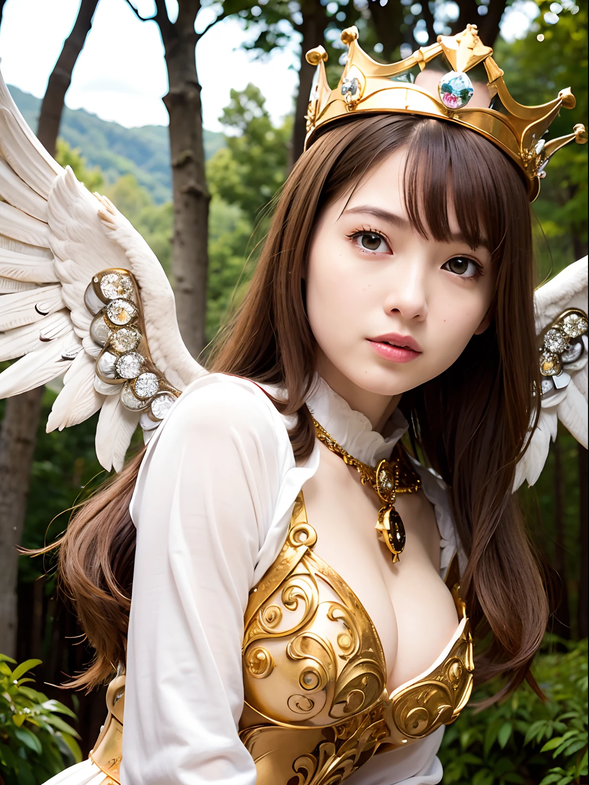 (masutepiece), Professional , ​masterpiece、top-quality、photos realistic , depth of fields 、（Wind element），tornado，Lightning，（Gemstone Silver Metal Body:1.９),(Matte White、(Gangle's forest background),（Brown hair long straight）、（（Jewel Gold Weapon））、（Castle background),Gorgeous metal weapons,(Detailed and realistic angel white wings) , Detailed Sword of the Brave , Beautiful knife 、delicated face、20 years girl  ,warhammer 40k , adepta sororitas,Detail and ornate jewel crown、a blond、()、Beautiful Caucasian beauty、１a person、dynamic ungle,(((Detailed and ornate diamond crown)))、Smaller head、A smile、Powerful poses、Beautiful thin fingers of a woman、cleavage of the breast、