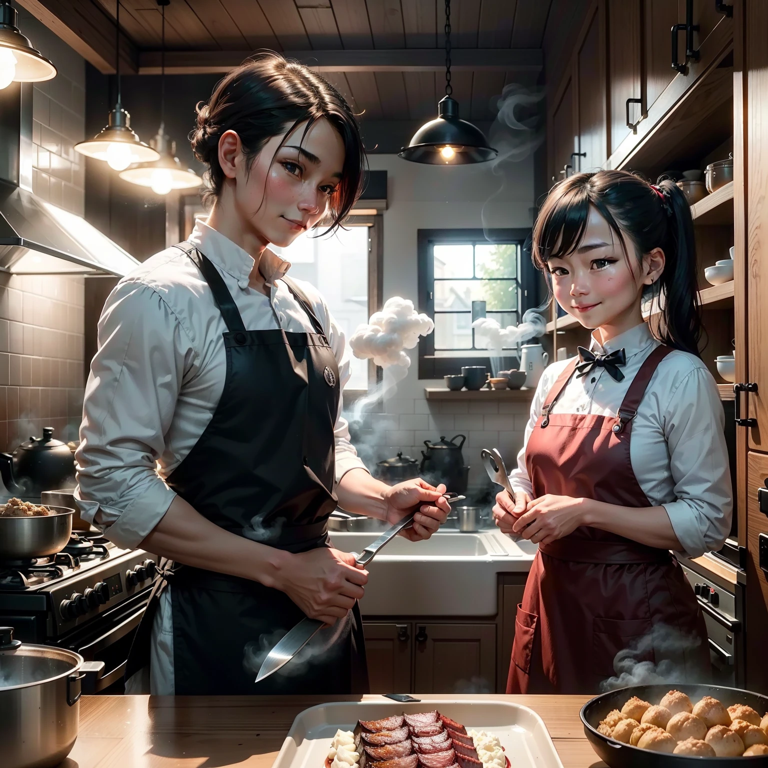 At a street steamed bun shop(1.4)POMO, With an eerie smile (1.3), When cutting minced meat, it exudes an unusual and mysterious atmosphere. Stand next to the stove in the kitchen, The bun shop owner was engrossed in cutting the minced meat with a knife, Surrounded by steam and smoke (1.2). Mysterious smiles on their faces (1.4) It is implied that they hide some unknown secrets deep inside. Light spills in from the corner of the kitchen, Reflections on traditional decoration. The whole scene exudes a unique atmosphere, Arouse curiosity and amazement.