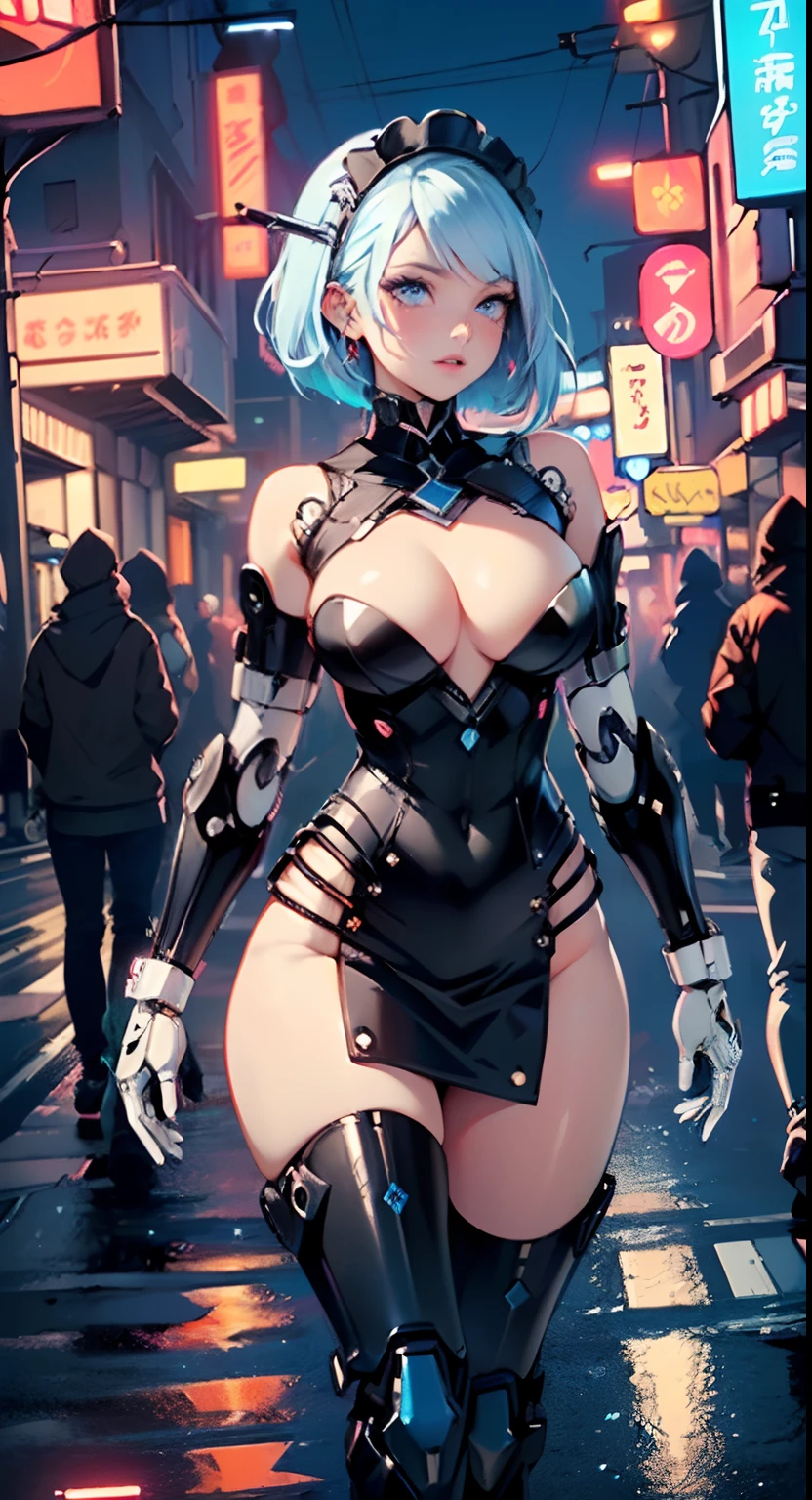 reelmech,cyborg girl,(cyborg girl:1.5),
maid android,(((1girl))),((anime mechanical robot girl with extremely cute and beautiful pale blue hair hair walking seductively down the street)),

(large breasts:1.4),saggy breasts,(((pale blue bob hair:1.35,colored inner hair,short hair,ear breathing))),(((doll))) ,((((pale blue eyes,pale white skin,doll joints,mechanical hands,silver armored dress,tesla coils,maid mechanical doll,Body of a machine,metallic skin,ball joint,no facial features,data in the eyes,cyborg, robotic parts, cable electric wires, microchip , elegant, robot)))),((blue eyes:1.3,upturned eyes:1.3,perfect eyes,beautiful detailed eyes,gradient eyes:1,finely detailed beautiful eyes:1,symmetrical eyes:1,big highlight on eyes:1.2)),((fat)),(((lustrous skin:1.5,bright skin: 1.5,skin tanned,shiny skin,very shiny skin,shiny body,plastic glitter skin,exaggerated shiny skin))),(spider lower abdomen,narrow waist,wide hip,detailed body,(detailed face)),(Mechanical joints: 1.4),(Mechanical limbs),

cute,slutty,seductive,erotic,(((nsfw))),

(maid headdress),bare_shoulders,delicate metal decorations,Headdress,(maid),sleeveless,miniskirt,boots,cleavage_cutout,bare_legs,(detailed outfit,detailed clothes),

(dynamic pose:1.0),solo focus,embarrassed,centered,scale to fit dimensions,Rule of thirds,

outdoors,((night view)),(very pretty city neon synthwave,cyberpunk night street Background:1.5,dark sky,thick clouds),future vehicles,((neon lights)),thick clouds,(cyberpunk style,neon lights, (synthwave theme background), lonely street),(((detailed background:1.25))),

(best quality),(high resolution),(sharp focus),(ultra detailed),(extremely detailed),(extremely high quality artwork),8k_wallpaper,(extremely detailed CG 8k),(very fine 8K CG),((hyper super ultra detailed perfect piece)),flawless,(((masterpiece))),illustration,vibrant colors,(intricate),High contrast,Selective lighting,Double exposure,HDR (High Dynamic Range),Post-processing,Background blur,