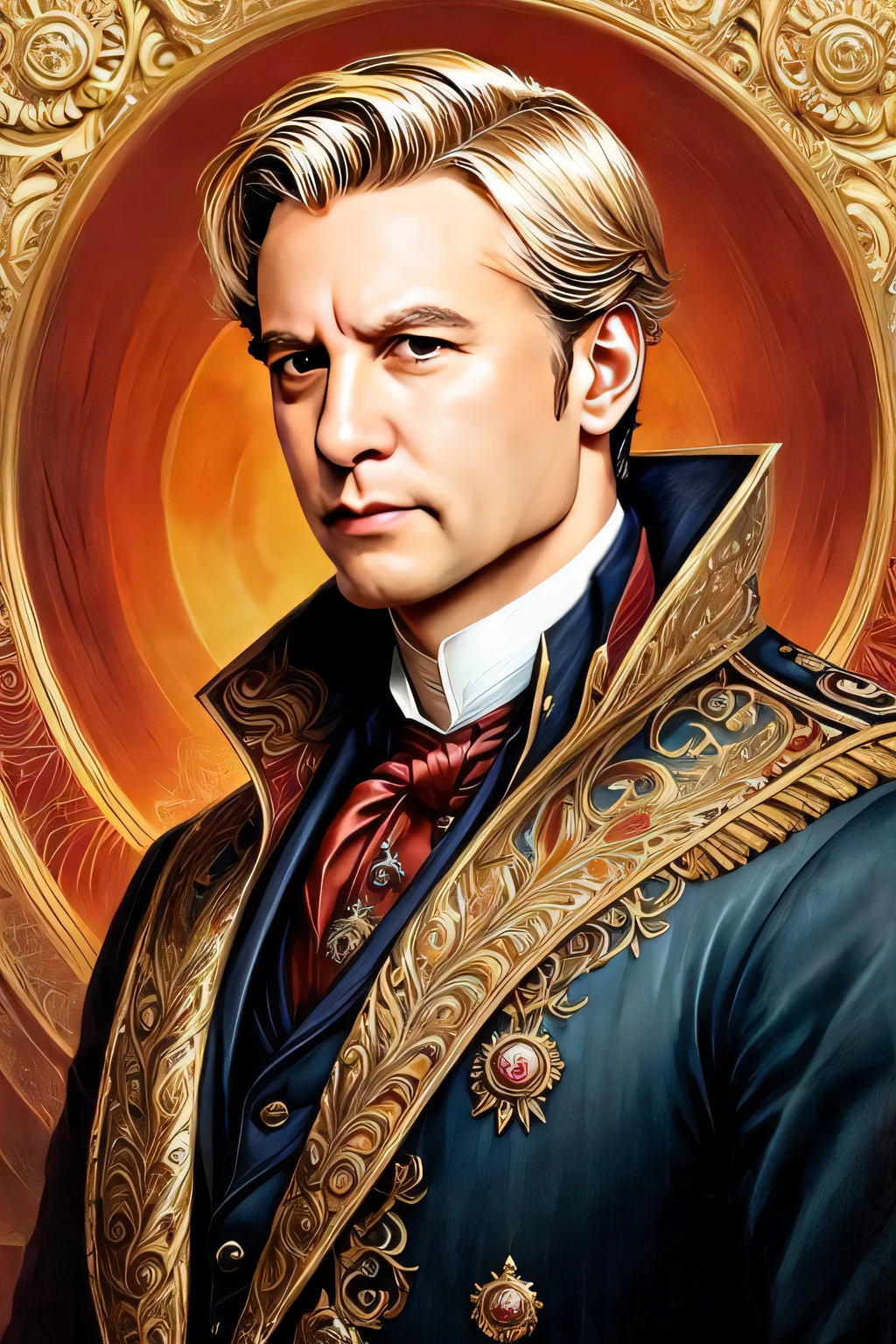a painting of a man in a suit and tie with a golden halo, Martin Ansin, Retrato da obra, MiChael Cavalo (Motor irreal, Martin then, Constantino, Mark Brooks detalhou, j. C. LeyendeCker 8 K, portrait of magical blond prince, awesome art, Retrato de um duque da era vitoriana, epic and elegant portrait, inspirado em PrinCe