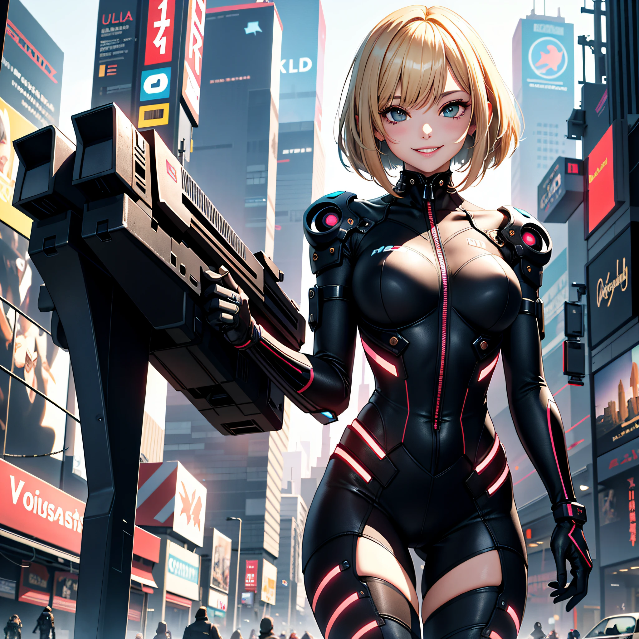Absurd resolution、hight resolution、(masterpiece:1.4)、ultra-detailliert、Cyberpunk Girls、cyber punk Girl、Short Bob、a blond、a smile、full bodyesbian、kick
