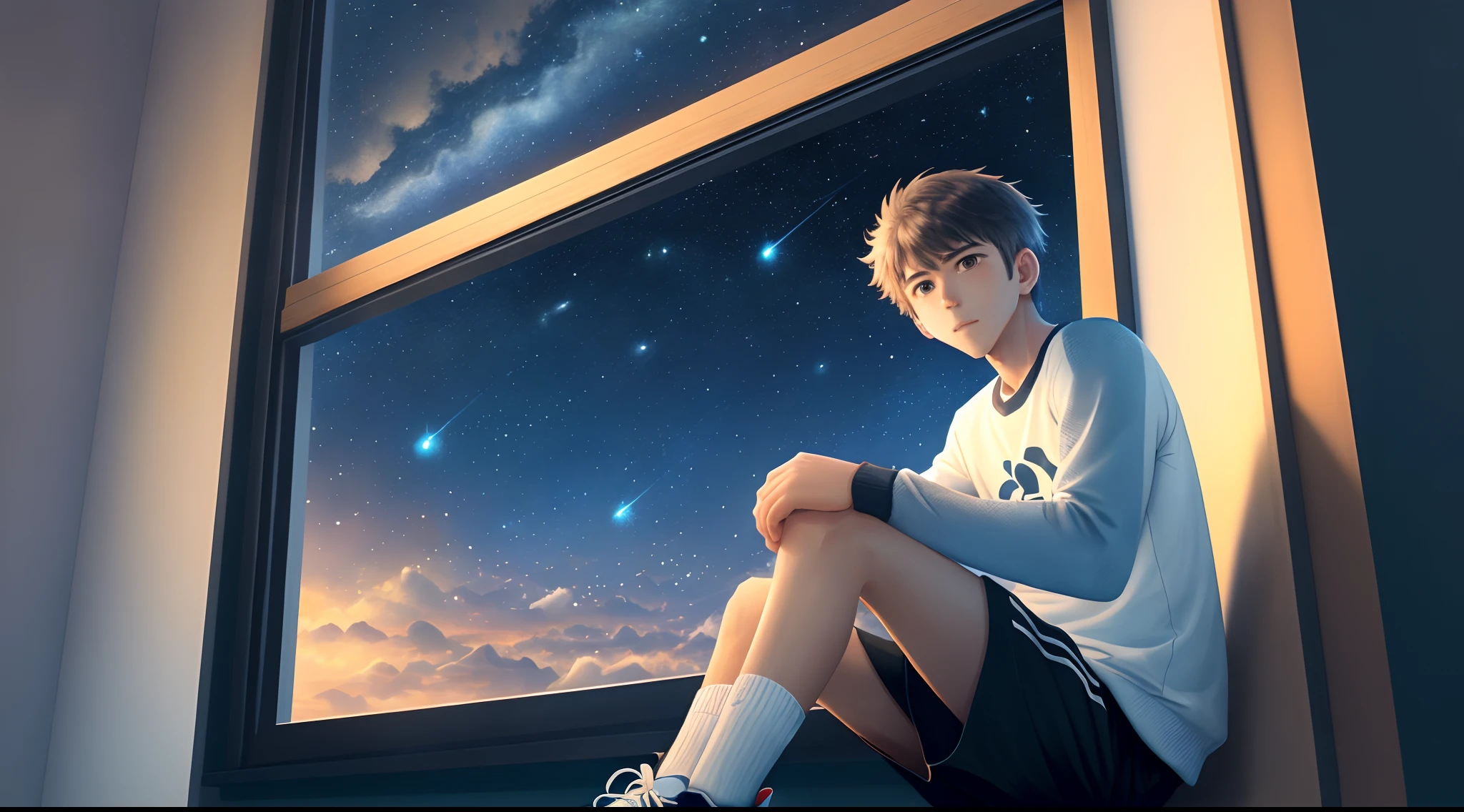 Boy looking at the starry sky,Anime drawings。
sitting on a window sill,Age 20 years and older,Very handsome。
Wear white long sleeves,Black sports shorts,White socks,Red sneakers。
Superb image quality