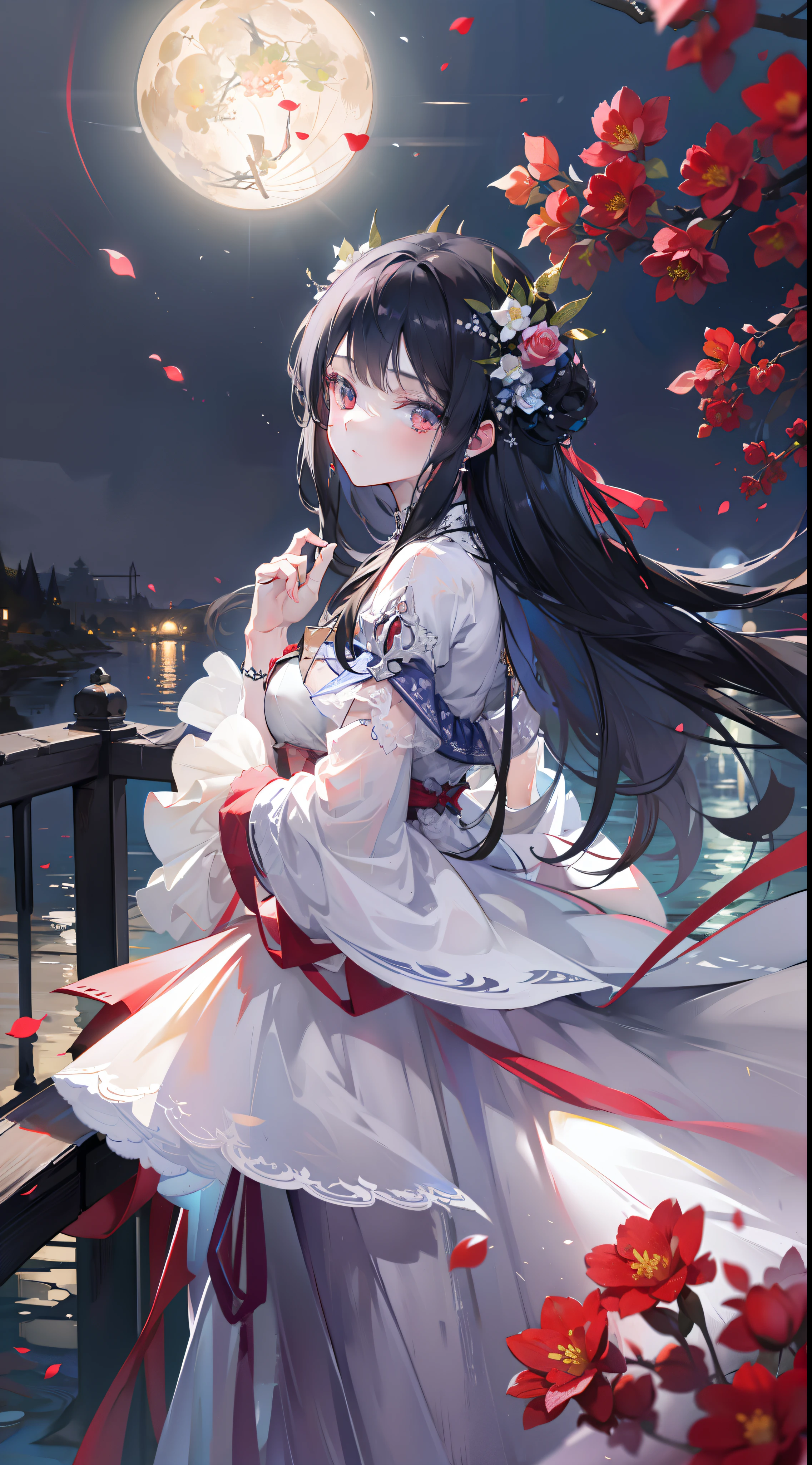 Maiden with roses in hand,Stand on a bridge in the moonlight,best qualtiy,Beautiful facial features,Rich expressions,Fingers of detail,4K high resolution。