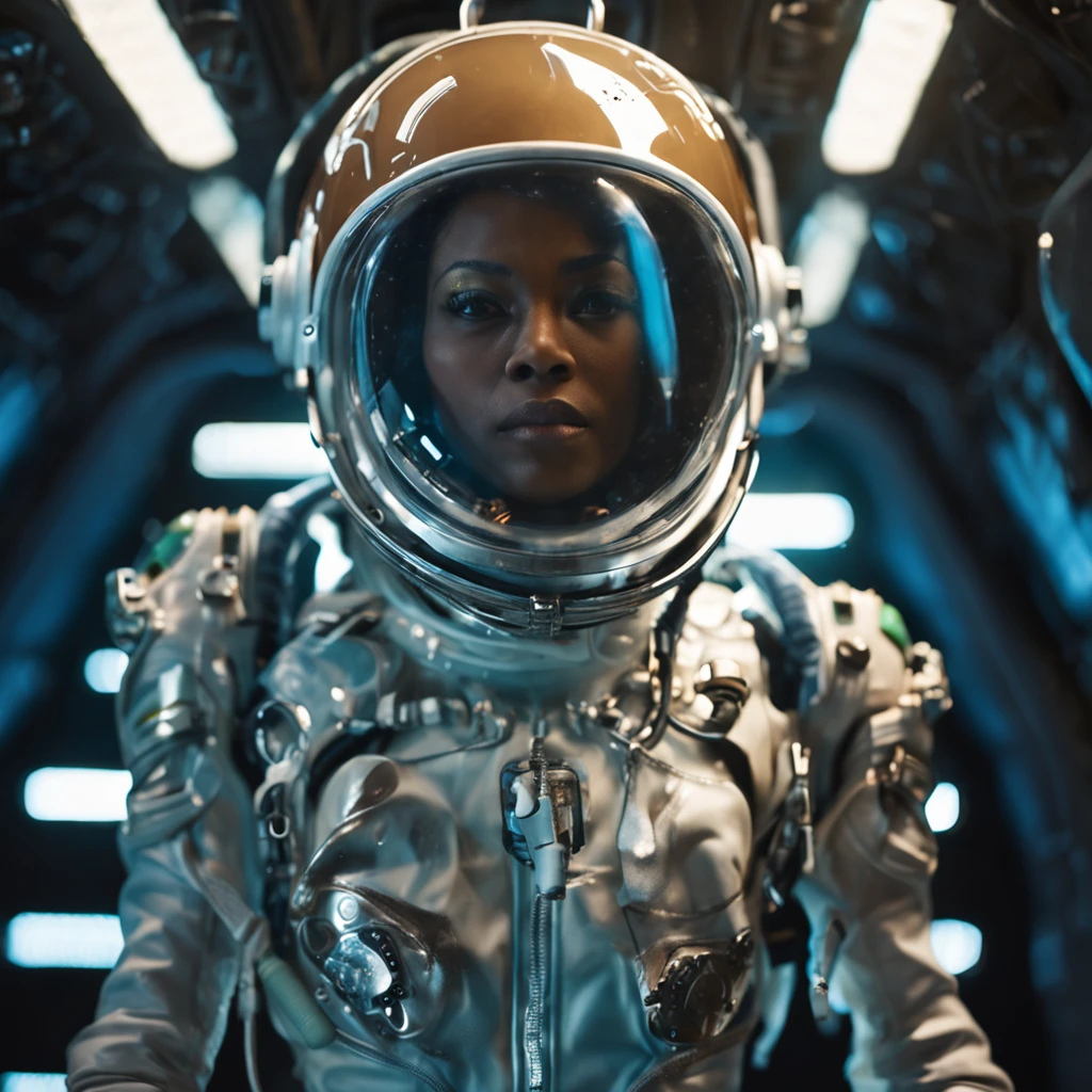 woman in an underwater spacesuit,, (subsurface scattering:1.1) (polyvinyl Jacket With Rivets:1.3), astro helmet (open zipper:1.7), (sexy:1.5), (erotic:1.5), (afro hairstyle:1.6), best quality, sunlight, detailed face, gorgeous eyes, realistic skin details, high quality, seen from below, translucent, (voluptuous:1.6), sensual, lascivious, dominant, romantic, high quality, film grain, Cinematic Light, sidelighting, sharp focus