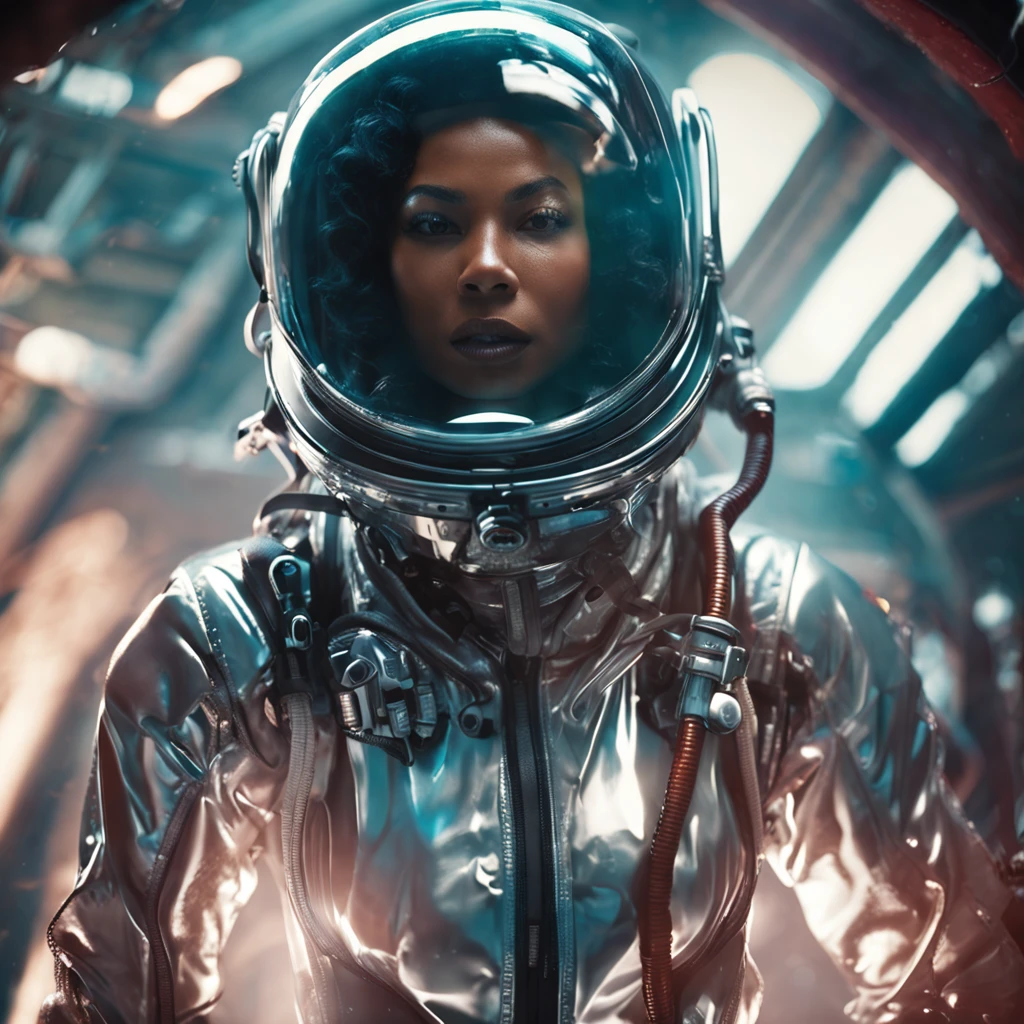 woman in an underwater spacesuit,, (subsurface scattering:1.1) (polyvinyl Jacket With Rivets:1.3), astro helmet (open zipper:1.7), (sexy:1.5), (erotic:1.5), (afro hairstyle:1.6), best quality, sunlight, detailed face, gorgeous eyes, realistic skin details, high quality, seen from below, translucent, (voluptuous:1.6), sensual, lascivious, dominant, romantic, high quality, film grain, Cinematic Light, sidelighting, sharp focus