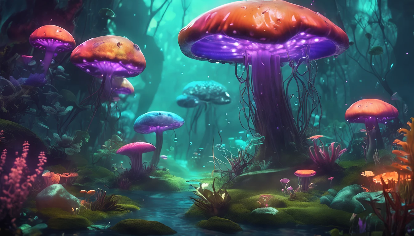 araffes in a forest with jellyfishs and other plants, underwater mushroom forest, metaverse concept art, magical concept art, surreal concept art, colorful concept art, mushroom forest, background artwork, slime mold forest environment, anime lush john 8k woods, lost in a dreamy fairy landscape, concept art for movie, stylized concept art