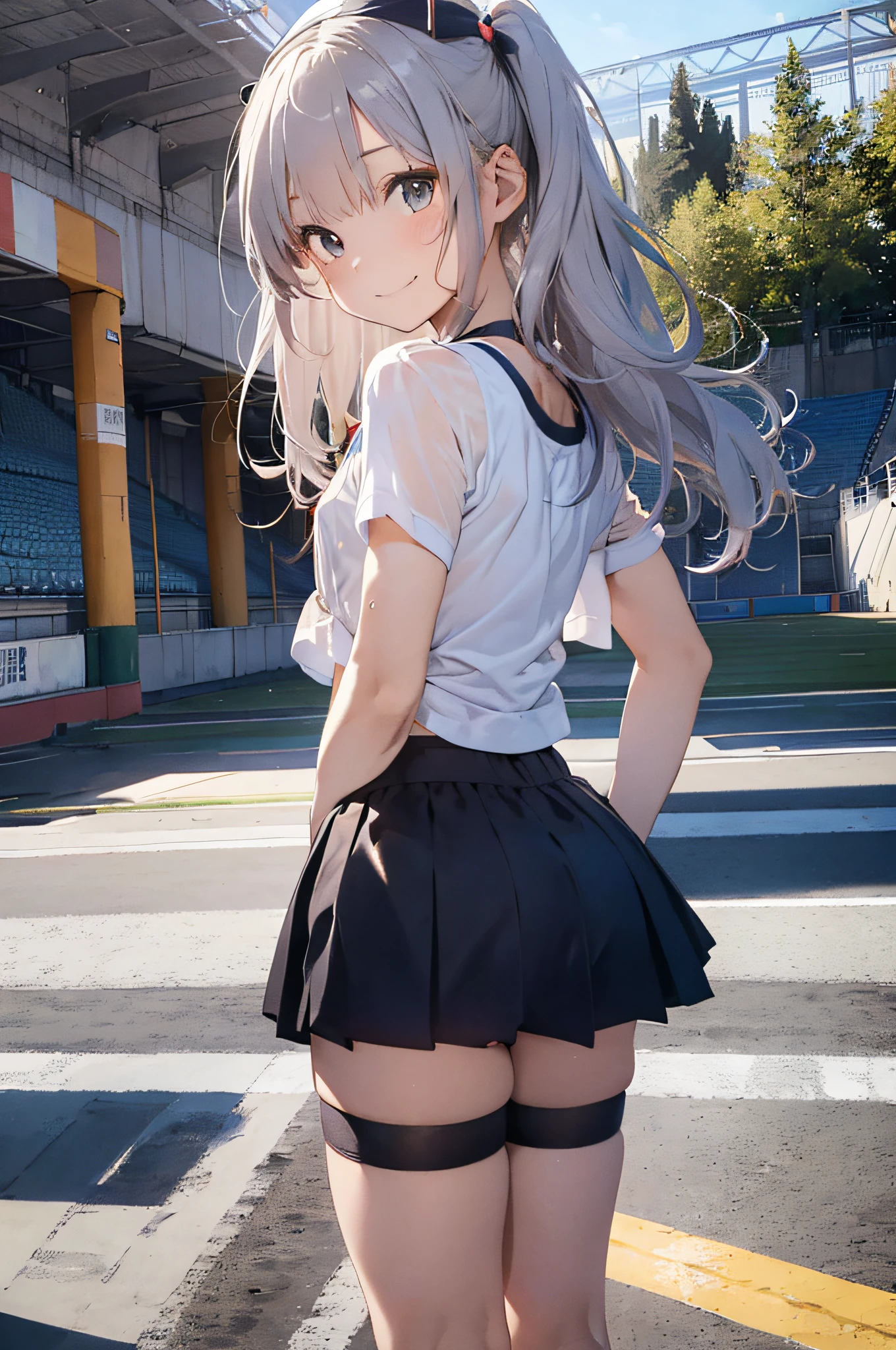 (cheerleaders:1.3)、(stadio:1.5)、(tiny chest:1.4)、Raw photography, top-quality, hight resolution, (masterpiece), (Photorealsitic:1.4), Anime Cosplay, foco nítido, nffsw, 8K分辨率, intricate detailes, depth of fields, the Extremely Detailed CG Unity 8K Wallpapers, front lit, girl with, Smile、(A slender:1.5)、Wear a baseball cap on your head、see -through、Cheerleading pom-poms in hand、Squatting、I can see my panties、Wearing a yellow sleeveless shirt and blue miniskirt、posterior view、Turn your buttocks