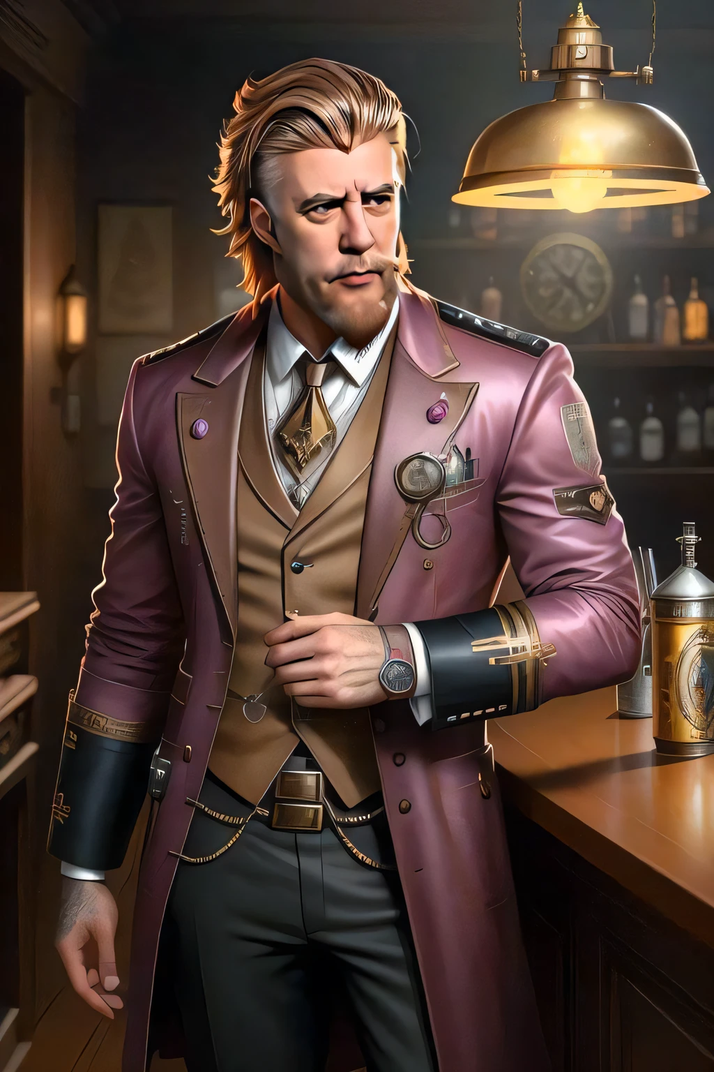 A closeup of a man in a purple jacket standing in a bar, inspirado em Max Magnus Norman, Retrato masculino steampunk, Roupas do Professor, epic and elegant portrait, vestido com terno antigo, steampunk superhero, vestes cyberpunk ornamentadas, Retrato do Professor Sinistro, male artificer, cara usando o terno roxo fantasia, vivid steampunk concept, Retrato de um hidromancer macho
