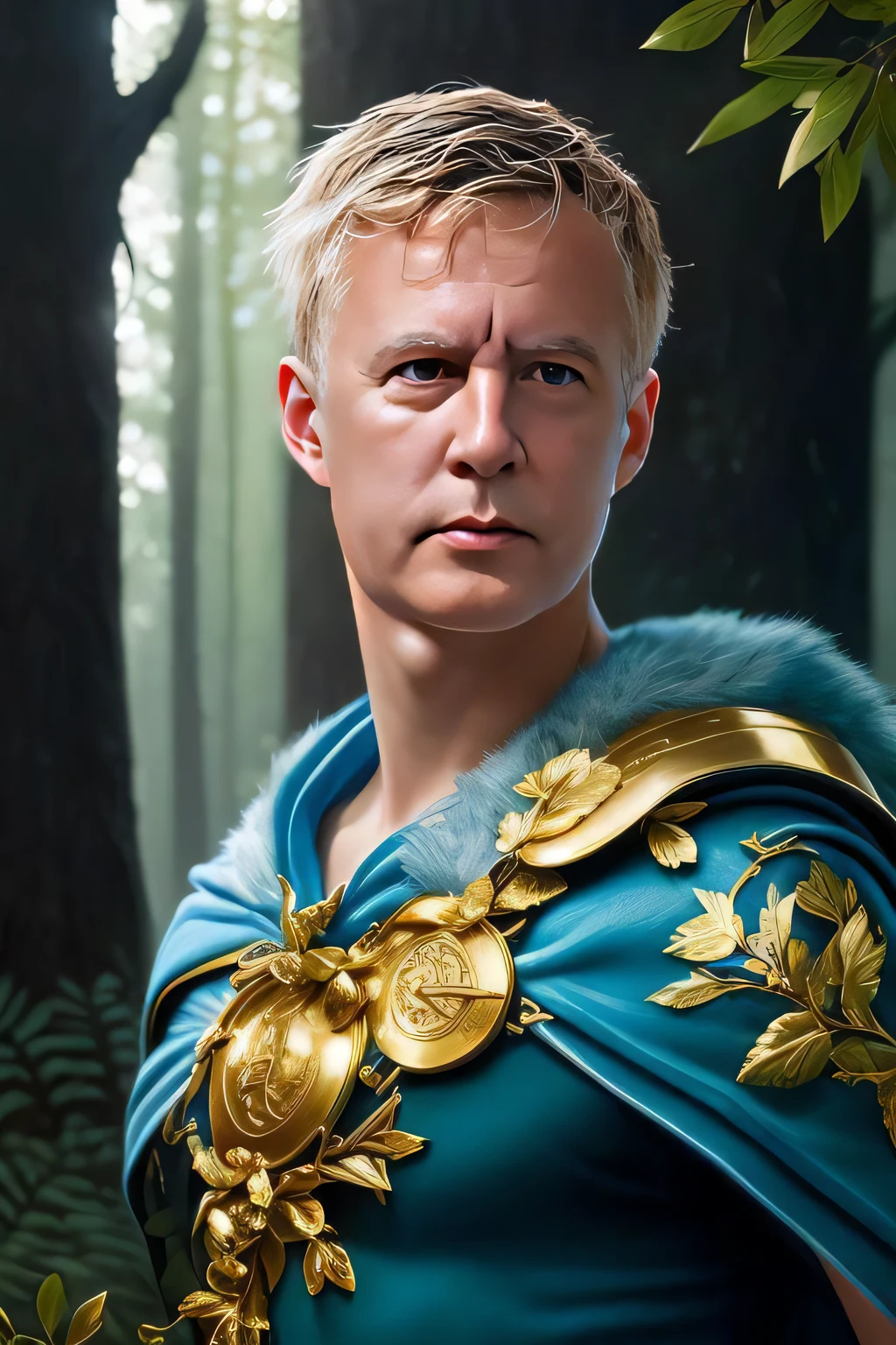 um close up de uma pessoa fantasiada em uma floresta, Elon Musk como um deus grego, Elon Musk como um personagem de Skyrim, Retrato de Homelander, por Pogus Caesar, Elon Musk como Mosqueteiro, inspirado em Caesar van Everdingen, Tuomas Korpi e Wlop, Andrei Ryabovichev, Grande Rei de Stovokor