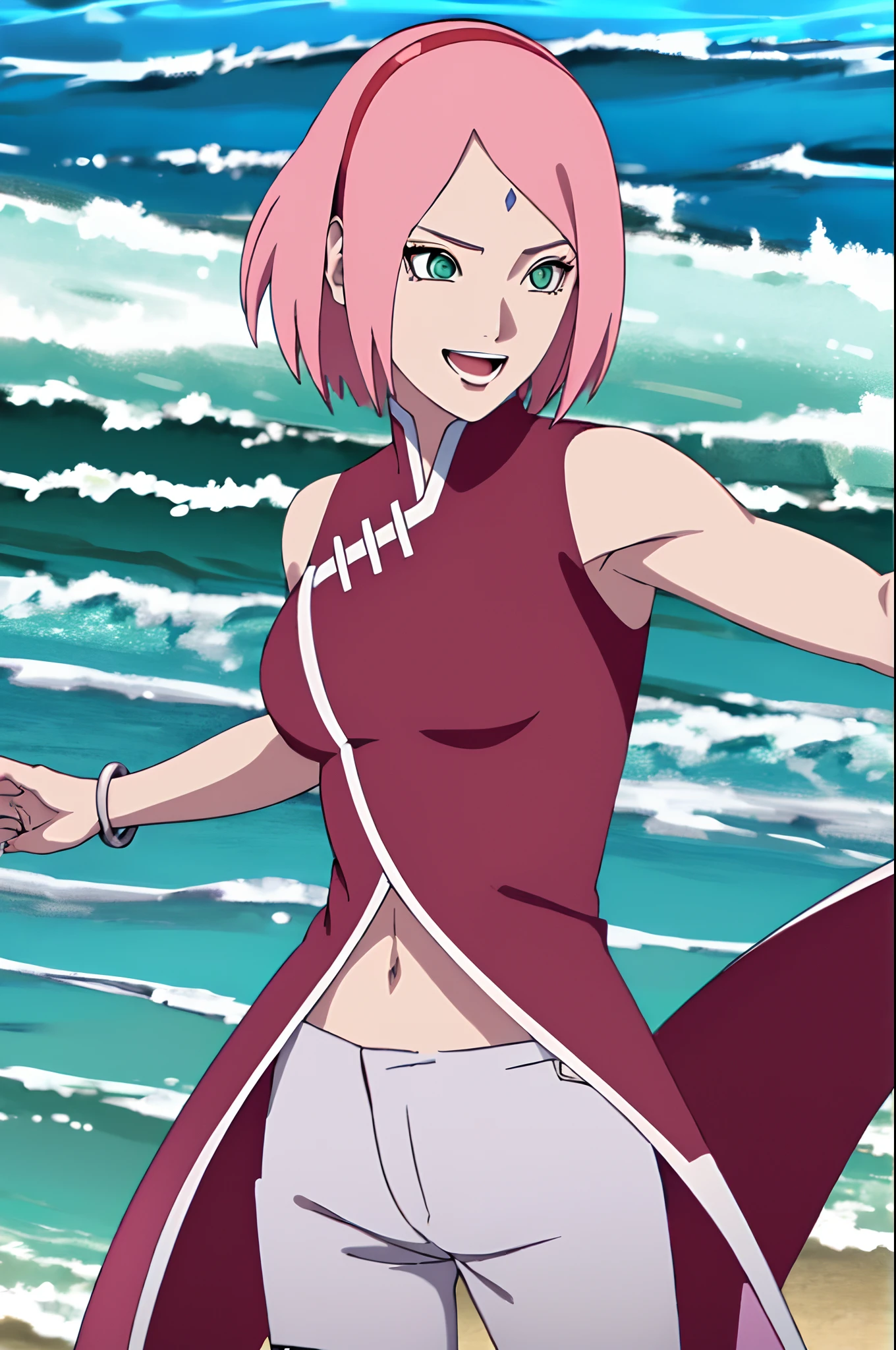 (masterpiece, 8k, anime style, hand drawing, vector coloring, portrait, face shot, professional artwork, detailed beachside background, intricate details, colorful, bold drawing lines), (ultra detailed body, ultra detail hair, ultra detail face, attractive, seductive, happy, open mouth, dirty armpits, raised eyebrows, closed fists), trending on pixiv, kind smile, very hot color, best quality, 1girl, hires, haruno sakura, contrasty lighting, (forehead mark, milf, red hairband, pale skin, short hair, ((red sleeveless dress), white pants), navel, belly button, groin, bracelet, looking at viewer, pink hair, green eyes, perfect eyes, white sciera, anime eyes, smoky eyeliner, eyeshadow, perfect face, smile, beach, wind, detailed arms, off-shoulders, muscular arms, standing), sunnyday