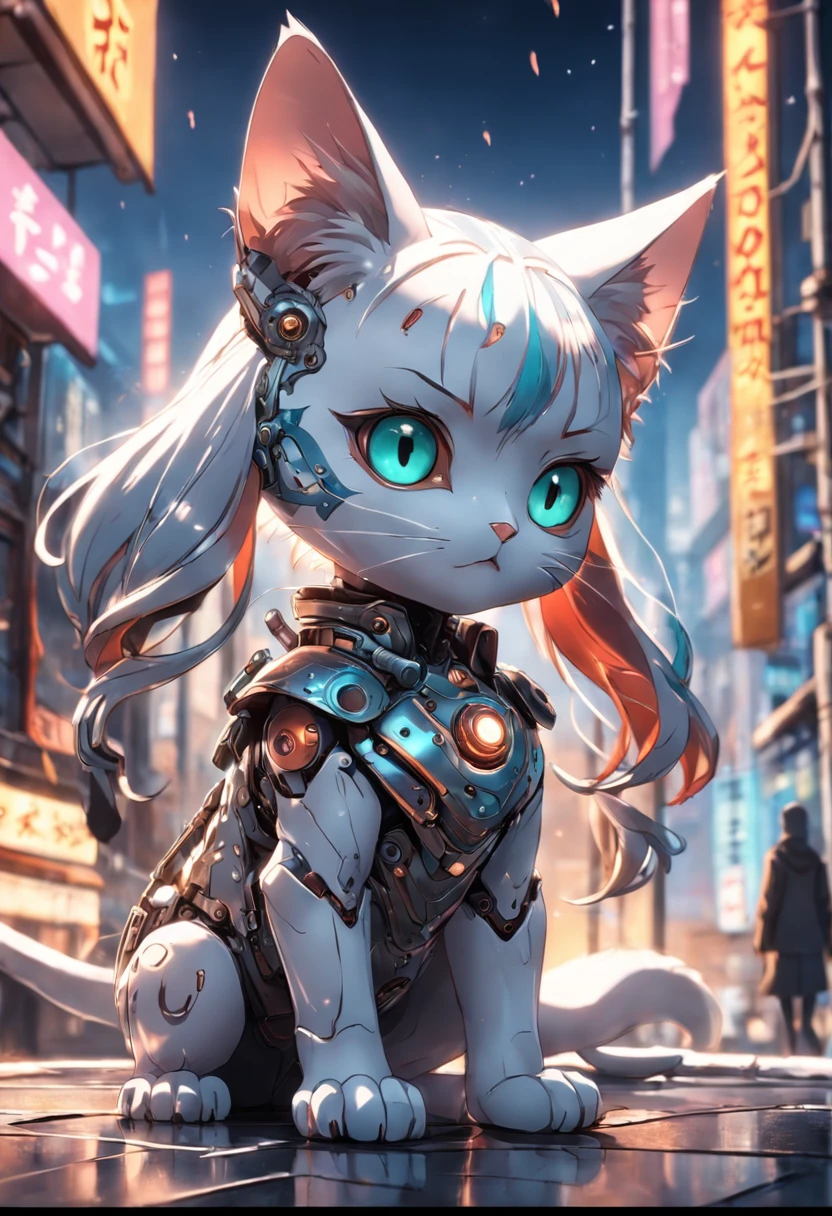 a cute kitten made out of metal, cyborg, cyberpunk style, ((intricate details)), hdr, ((intricate details, hyperdetailed)), cinematic shot, vignette