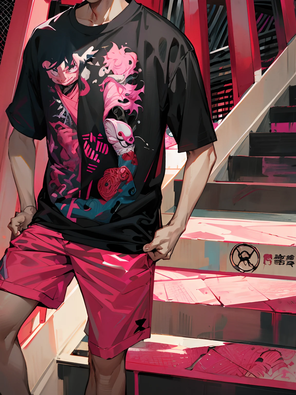 The Arad man in a black shirt and pink shorts stands on the stairs, in shorts and t-shirt, inspired by Gang Hui-an, young man with short, style of james jean, wearing a fisher 🧥, kaneki ken, style of junji ito, Official product image, outlive streetwear collection, Sket - One x iamretro