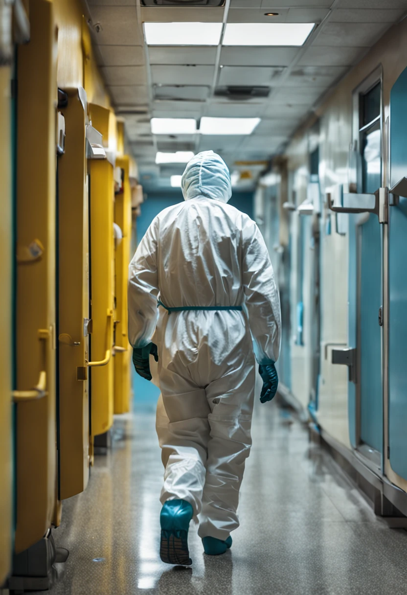 People in white bioprotective suits walk in hospital corridors, Solo,Adult Male,Full body image on the back,Detailed