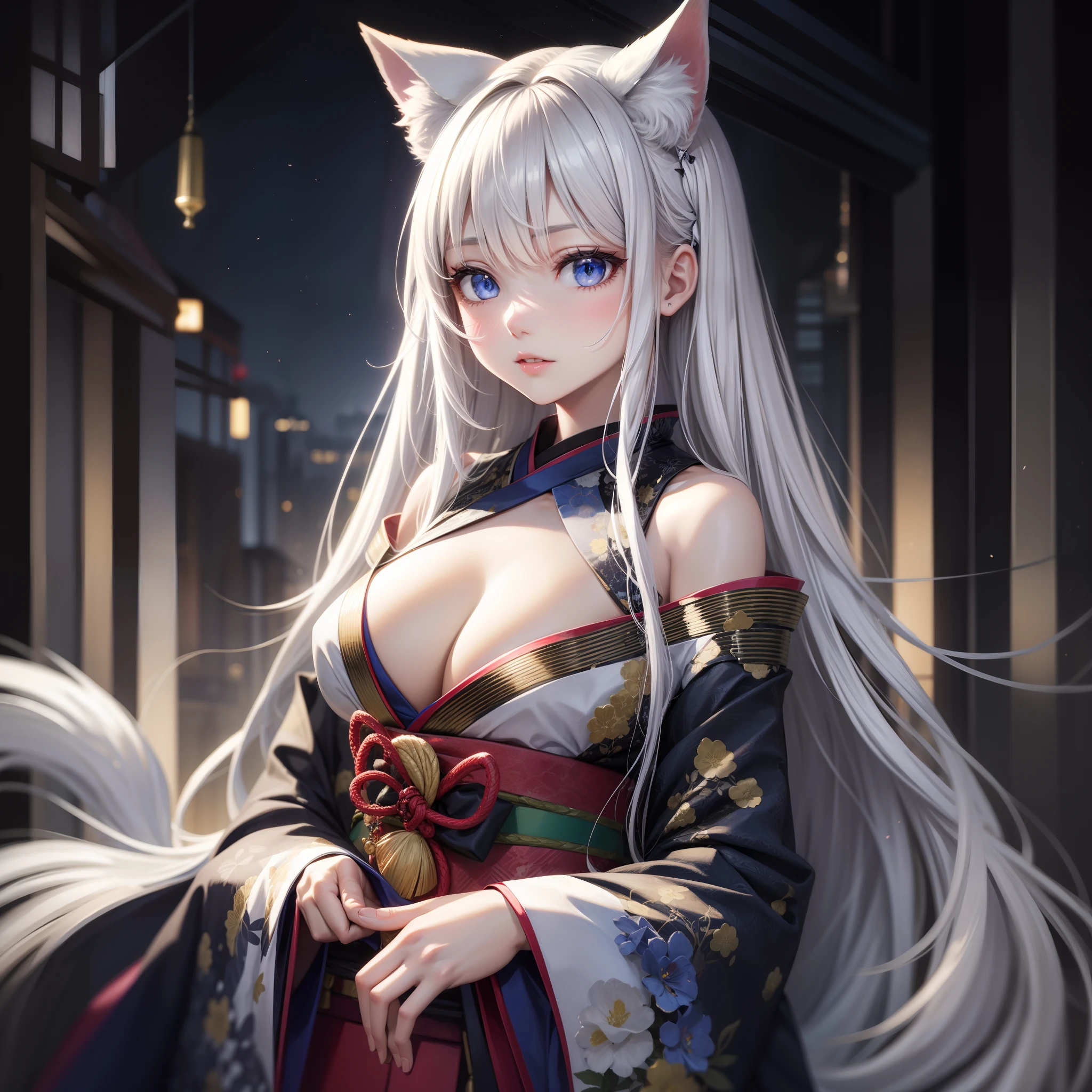 grown woman,sliver long hair,eBlue eyes,White fox ears,Open the kimono,Open the chest,tmasterpiece,high high quality