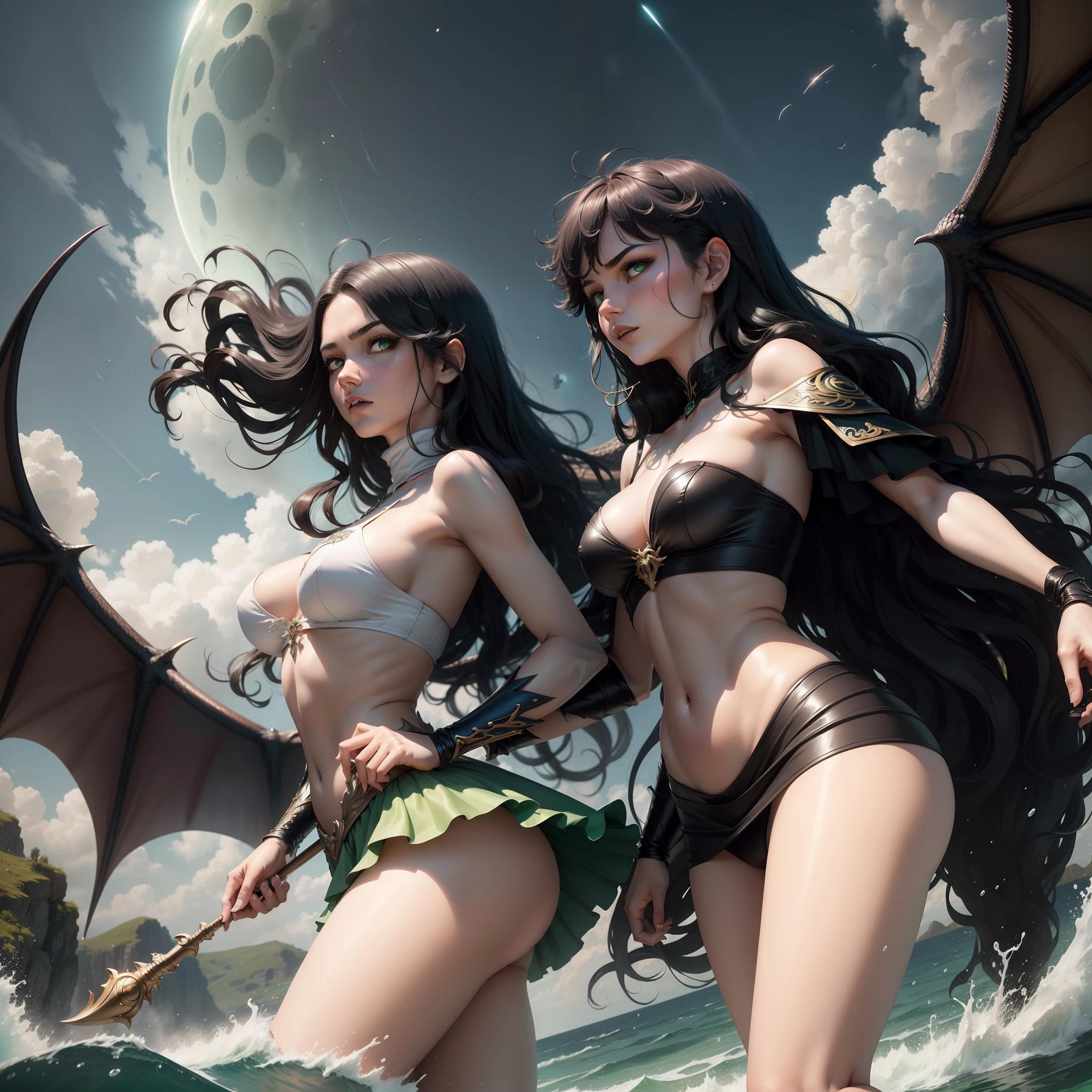(tmasterpiece, beste-Qualit), 1lady, 独奏,, nimbus, wings, Battle Mage, black hair, Free waves,green colored eyes, (dragon, artists Hermann Nietzsch, by zdzislaw beksinski, Dariusz Zawadzki, Giger), big breastes, mini skirt, ,A water tornado is visible in the background,Around the splash of water,A green moon is visible from above