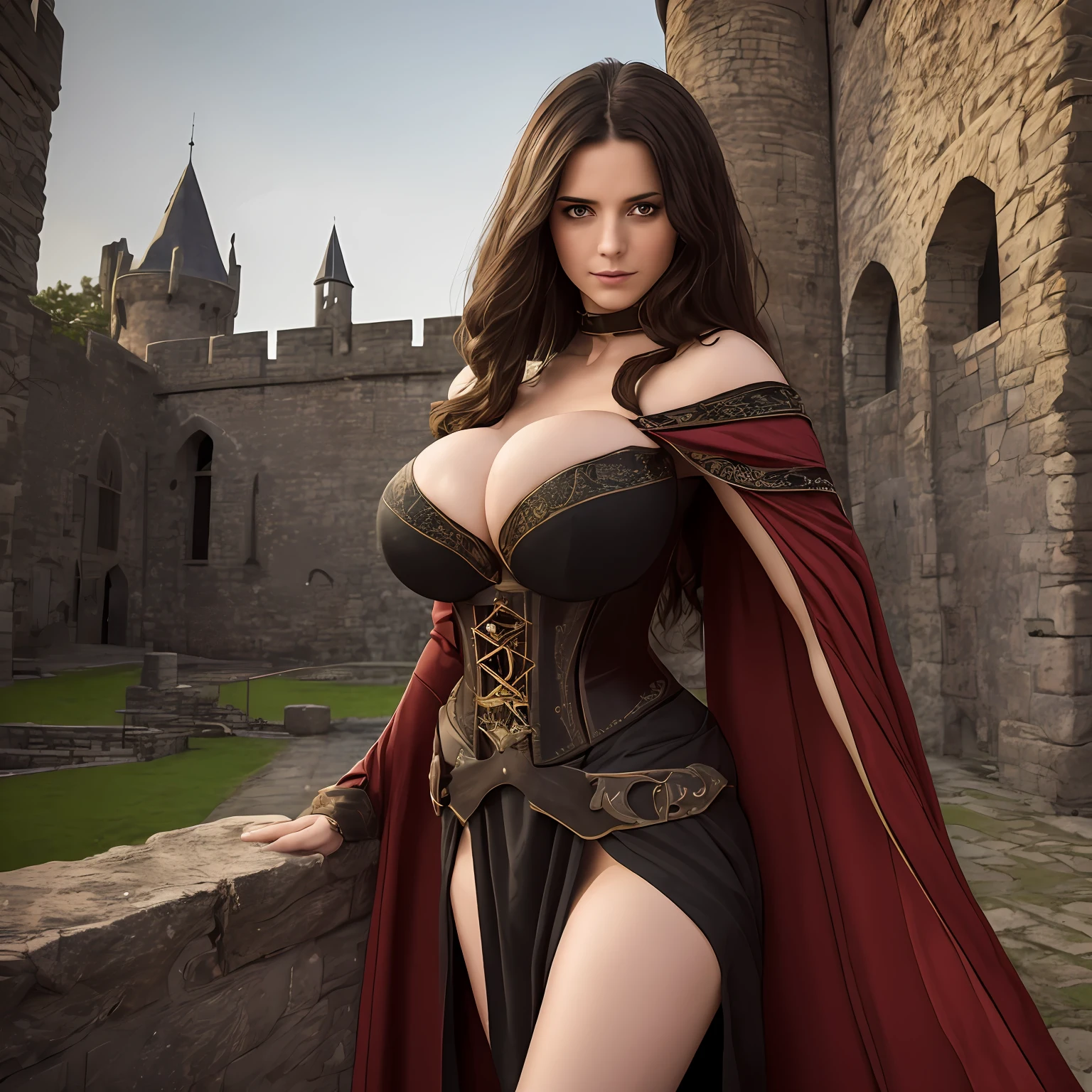 (masterpiece, top quality, best quality, official art, beautiful and aesthetic:1.2), (1girl:1.3), long and curly dark brown hair, extremely detailed, portrait, looking at viewer, solo, (full body:0.6), detailed background, close up, mischievous eyes, (warm summer castle theme:1.1), sorceress, charlatan, smirk, mysterious, walking in courtyard, revealing ((dark red)) sorcerer attire, red knee-length red skirt, off shoulder, straps, long sleeves, loose sleeves, cloak, corset, black leggings, black trousers, black pants, long brown boots, buckles, straps, pouches, magic energy, red fabric, white trim, ((((gigantic breasts, cleavage, skindentation)))), slim waist, slim hips, long legs, medieval (castle exterior:1.1) background, dark mysterious lighting, shadows, magical atmosphere, dutch angle