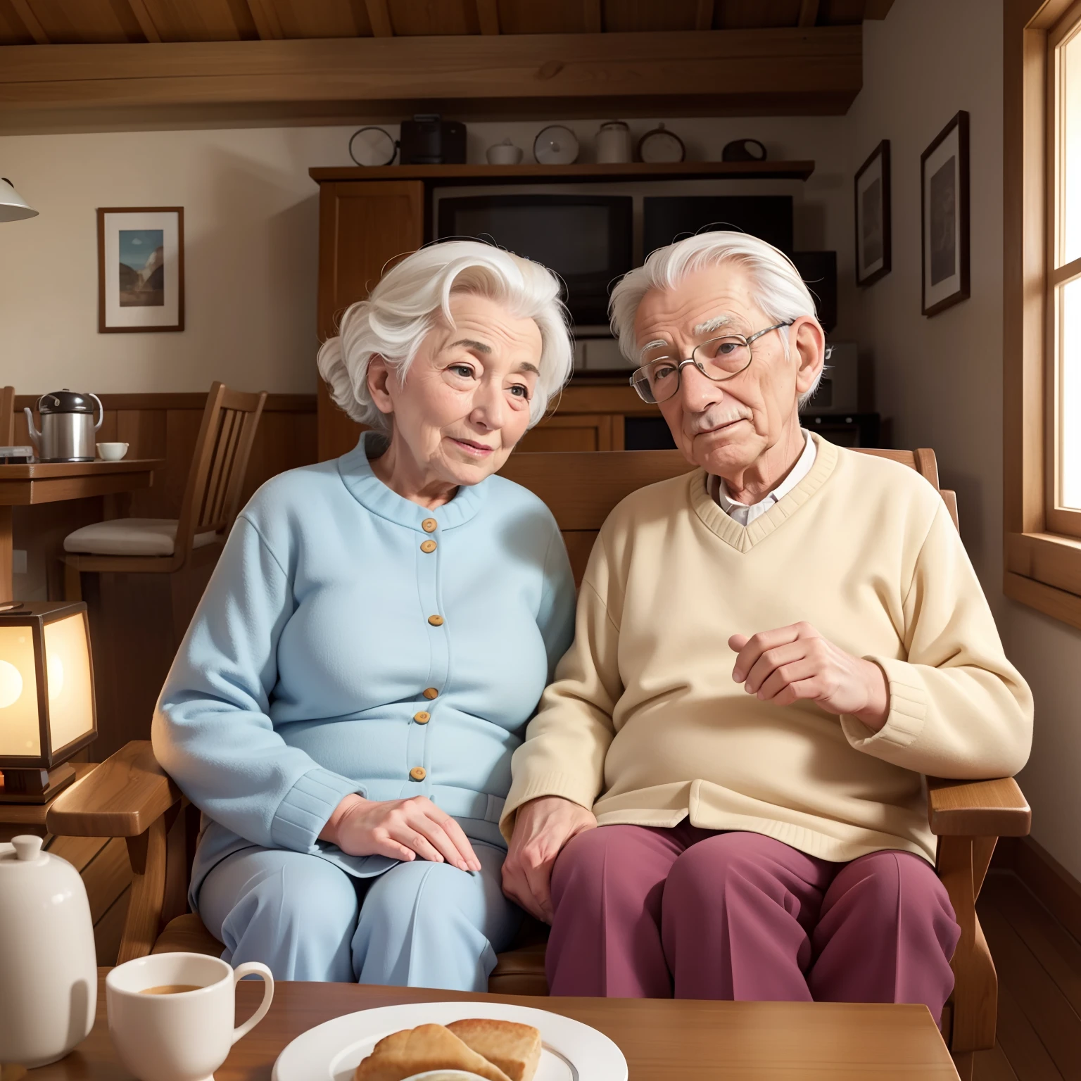 Elderly couple sitting in armchairs in a cozy cottage listening to their big old radio, Radio, muitos detalhes, Elderly couple listening to the radio, alta qualidade