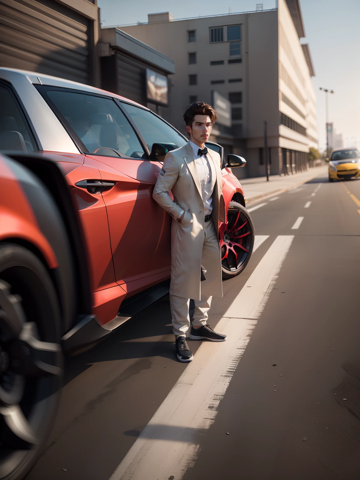 Change background car in sports car, handsome boy realistic face 8K ultra realistic