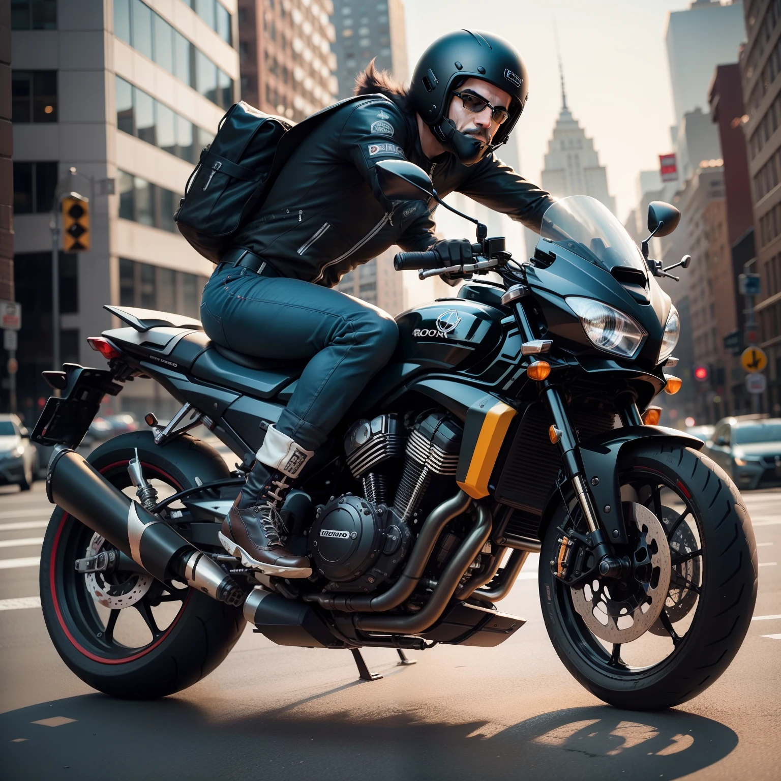 John o gato preto, roqueiro, pilotando uma moto, em nova York