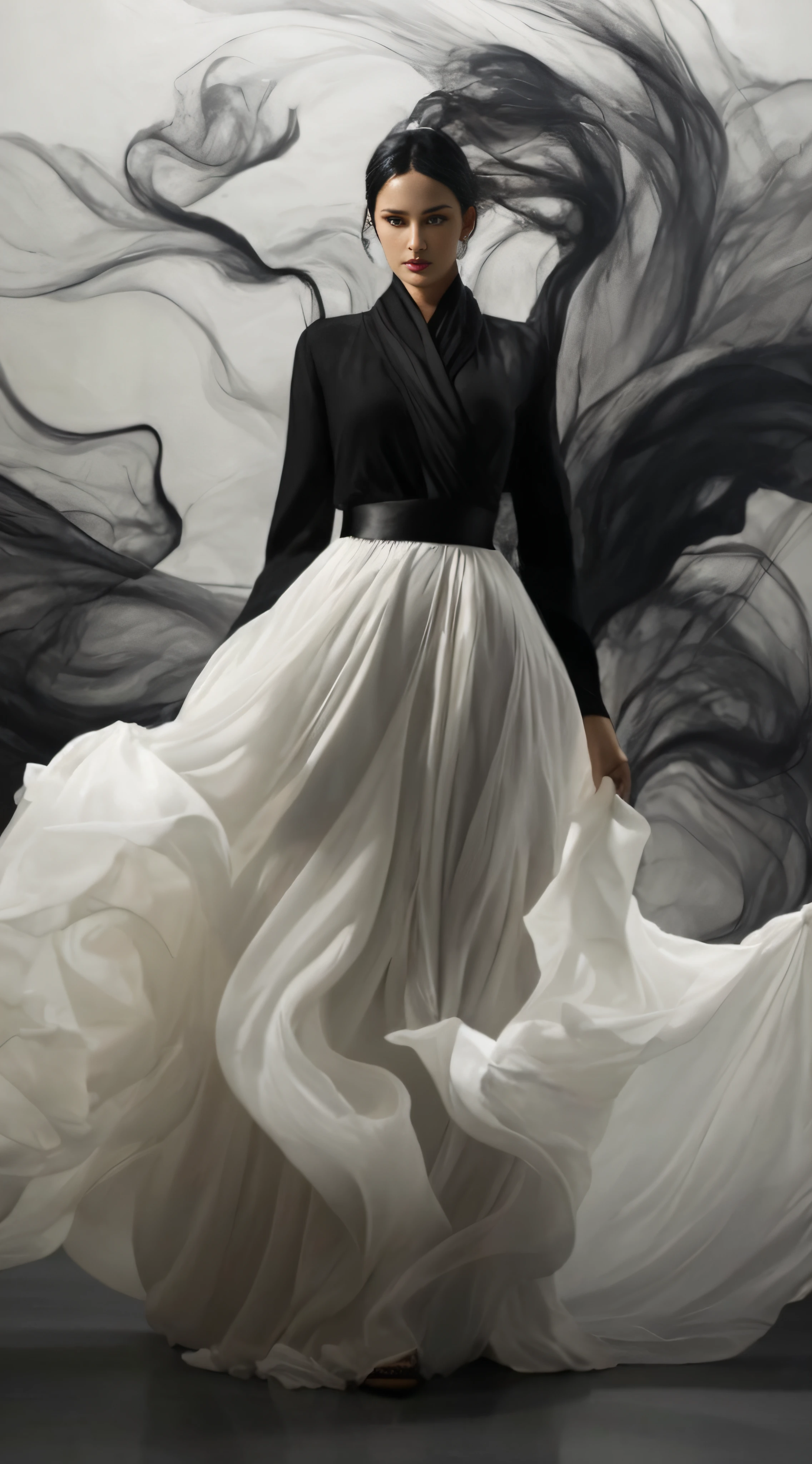 An Arad woman in a long white dress stands in front of a black-and-white painting, Flowing fabric, draped in flowing fabric, beautiful flowing fabric, flowing cloth and smoke, endless flowing ethereal drapery, inspired by Maciej Kuciara, long flowing fabric, flowinggown, Flowing realistic fabric, inspired by Darek Zabrocki