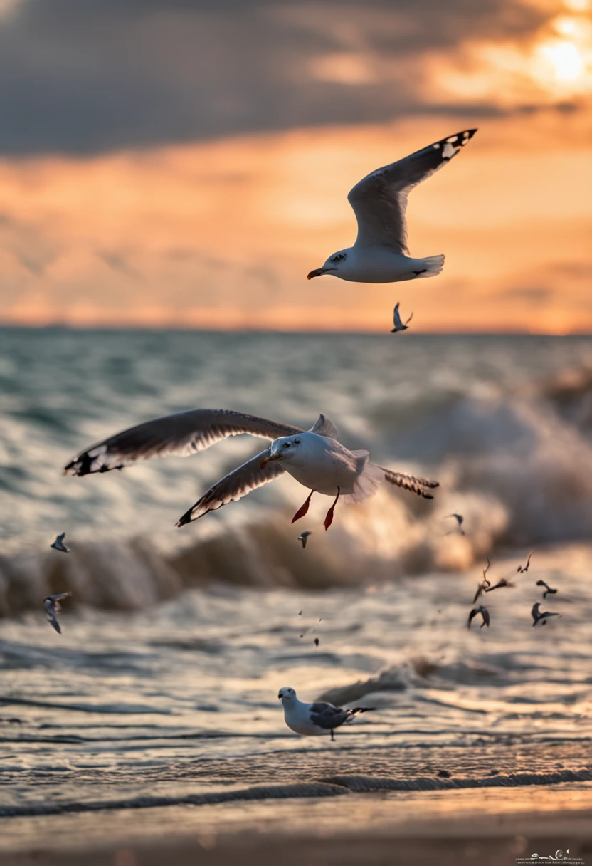 seagulls flying on the beach in the late afternoon