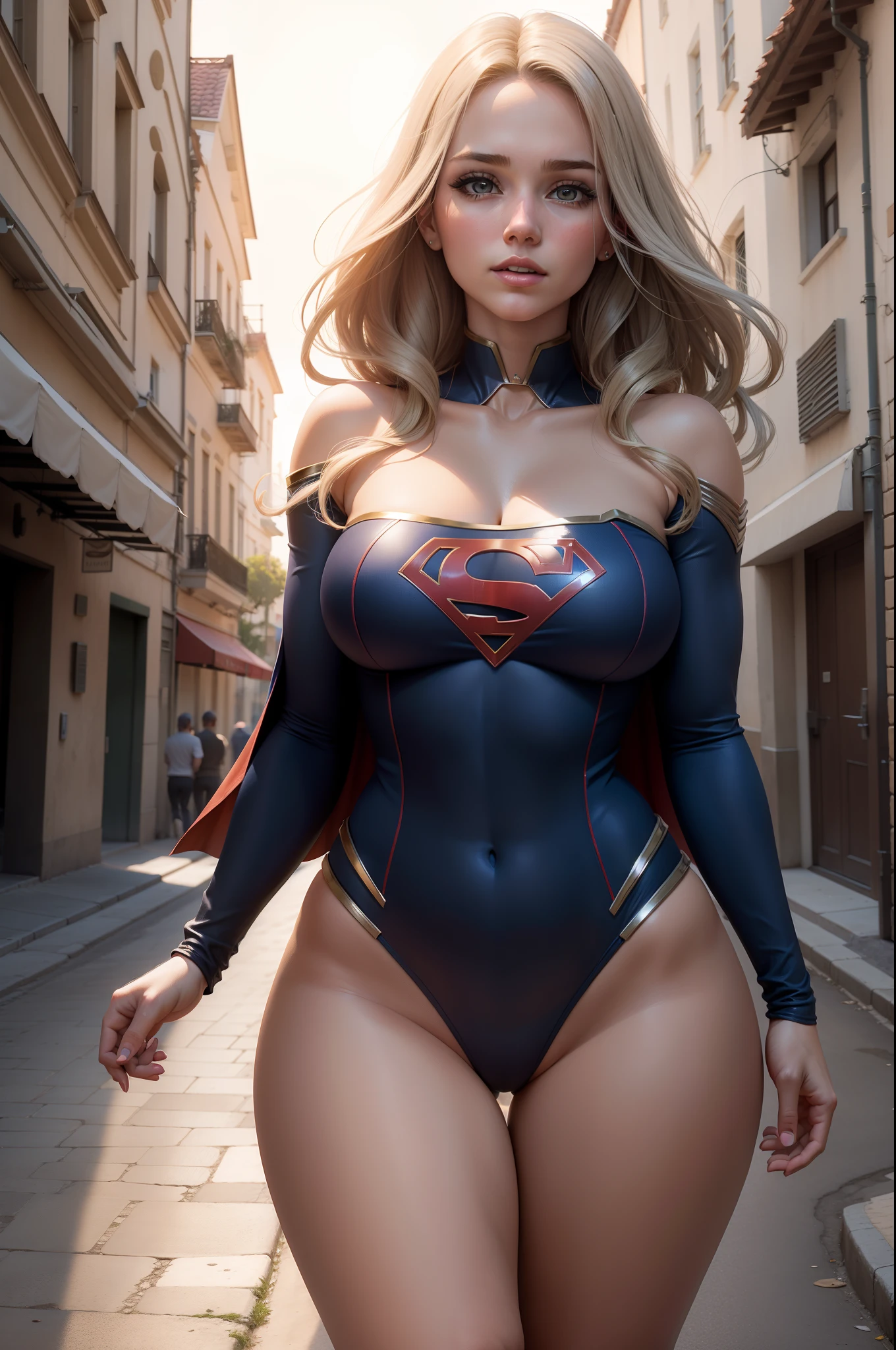 Supergirl, Very detailed, rosto detalhado, Perfect and symmetrical body proportions, 4k, imagem ultra realista, super sexy, plus size with symmetrical and perfect body, peitos grandes, seios grandes, com decote, Cabelos Longos, cinematographic scene, great lighting, cabelos amarelos, Foto real, foto de dia, foto de 38 anos, cabelos amarelos, Cinematic city in the background,  buda viusível.