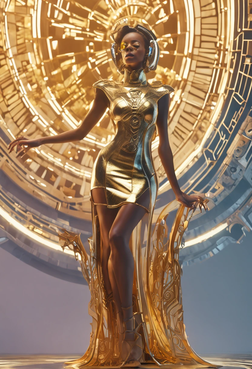 mulher araffe em um vestido dourado e sandalias salto alto, Retrato da Deusa Celta Diana, wearing psychedelic wicca, gorgeous goddess of leo, mulher futurista da moda, mulher da beleza em hologramas, Art Deco de uma mulher espacial, sedutora mulher mesmer, blonde girl in a cosmic dress, karol bak uhd, roupa intrincada