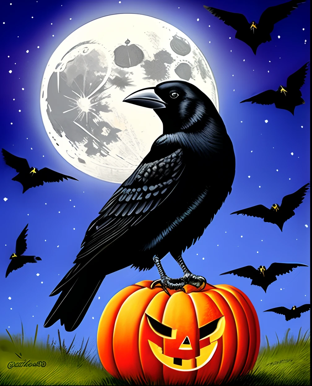 a crow sitting on top of a pumpkin with a full moon in the background, estilo de arte de halloween, detailed crow illustration, corvo escuro, crows as a symbol of death, monstro corvo, Em um estilo de Halloween, Tema assustador de Halloween, raven bird, Edgar Allan Poe como O Corvo, tema halloween, arte detalhada assustadora em cores, artistic drawing of a crow, corvo, Corvos