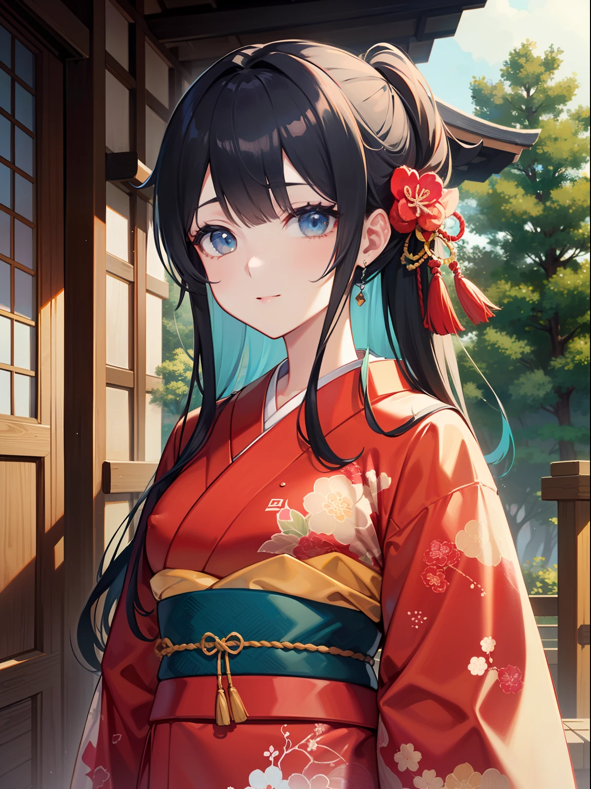 Master Pieces、hyper quality,、Perfect drawing with super detail、独奏、Beauty in the world、Komono、Japanese dress、Black-haired、Japanese hair、Colorful Japan kimono、octane renderings、nffsw、(ultra-detailliert:1.15)、(Soft light、sharp:1.2)、1girl in、a beauty girl、Ultra detailed eyes、A MILF、Rainbow painting drops、Splat、Splash、long colored hair、ultra detailed texture kimono、(hair adornments、耳Nipple Ring、)、outside of house、pine trees