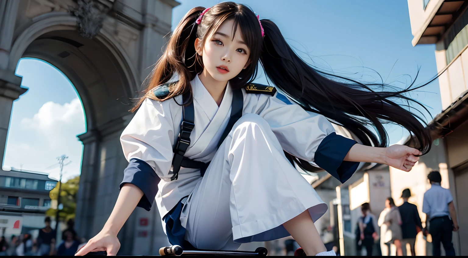 Woman in uniform posing on skateboard, Japan Girl, Anime Girl Cosplay, Beautiful Japan woman, trending on cgstation, Gorgeous young Japanese woman, surreal schoolgirl, Japan goddess, anime cosplay, Beautiful double eyes, Shining glare, Super huge stretching wrinkles on uniforms