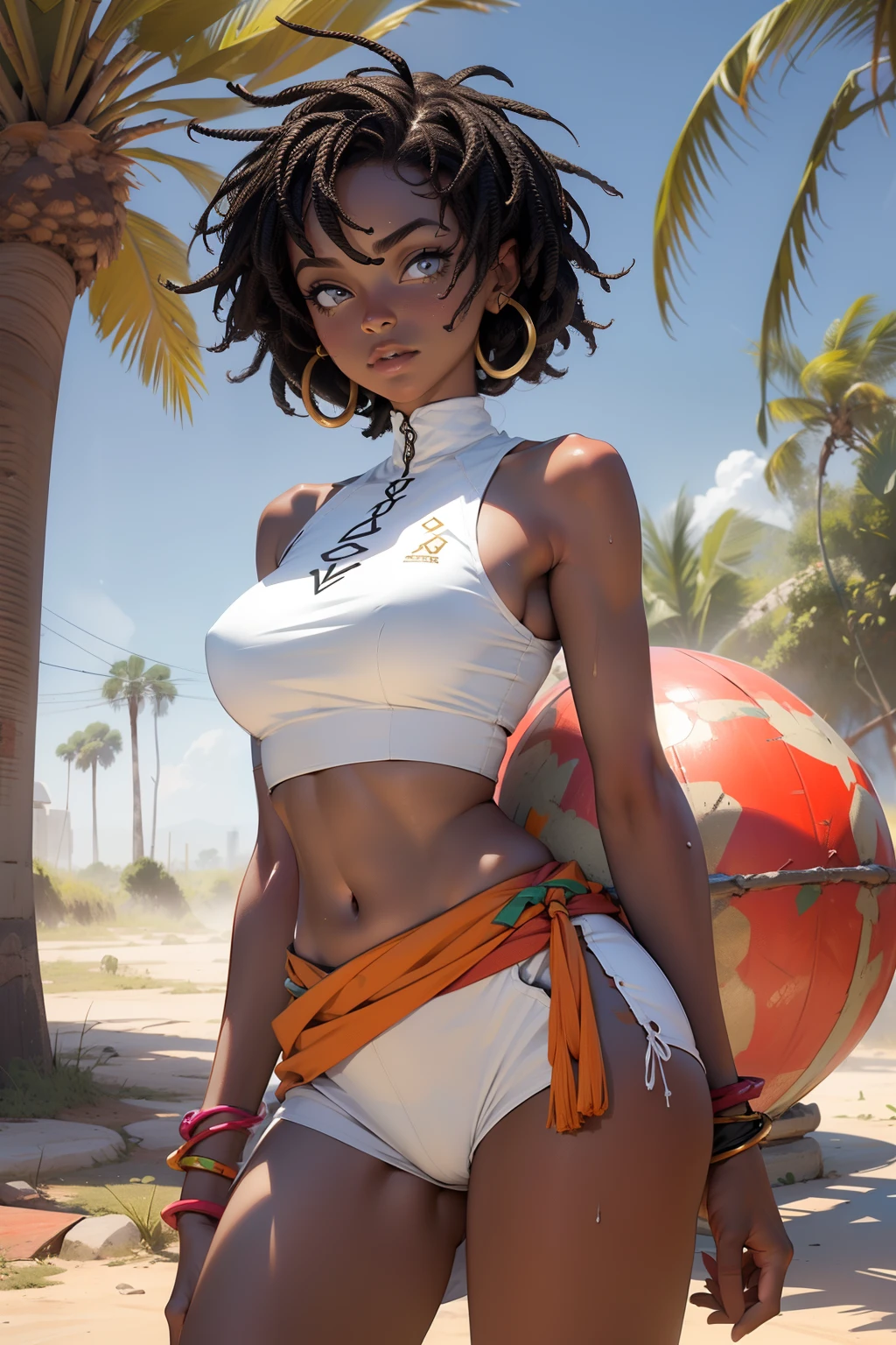 (((absurdos))), (((melhor qualidade))), (((obra prima))), (((Fantastic Art))), mulher africana musculosa, guerreira Zulu,cabelos prateados, olhos prateados,middlebreasts, corpo perfeito e proporcional, guerreira das savanas de pele_negra, Using Dashiki Green Water, holding a black stick, dry vegetation, muito calor, she's sweaty and her black skin glows under the scorching African sun,