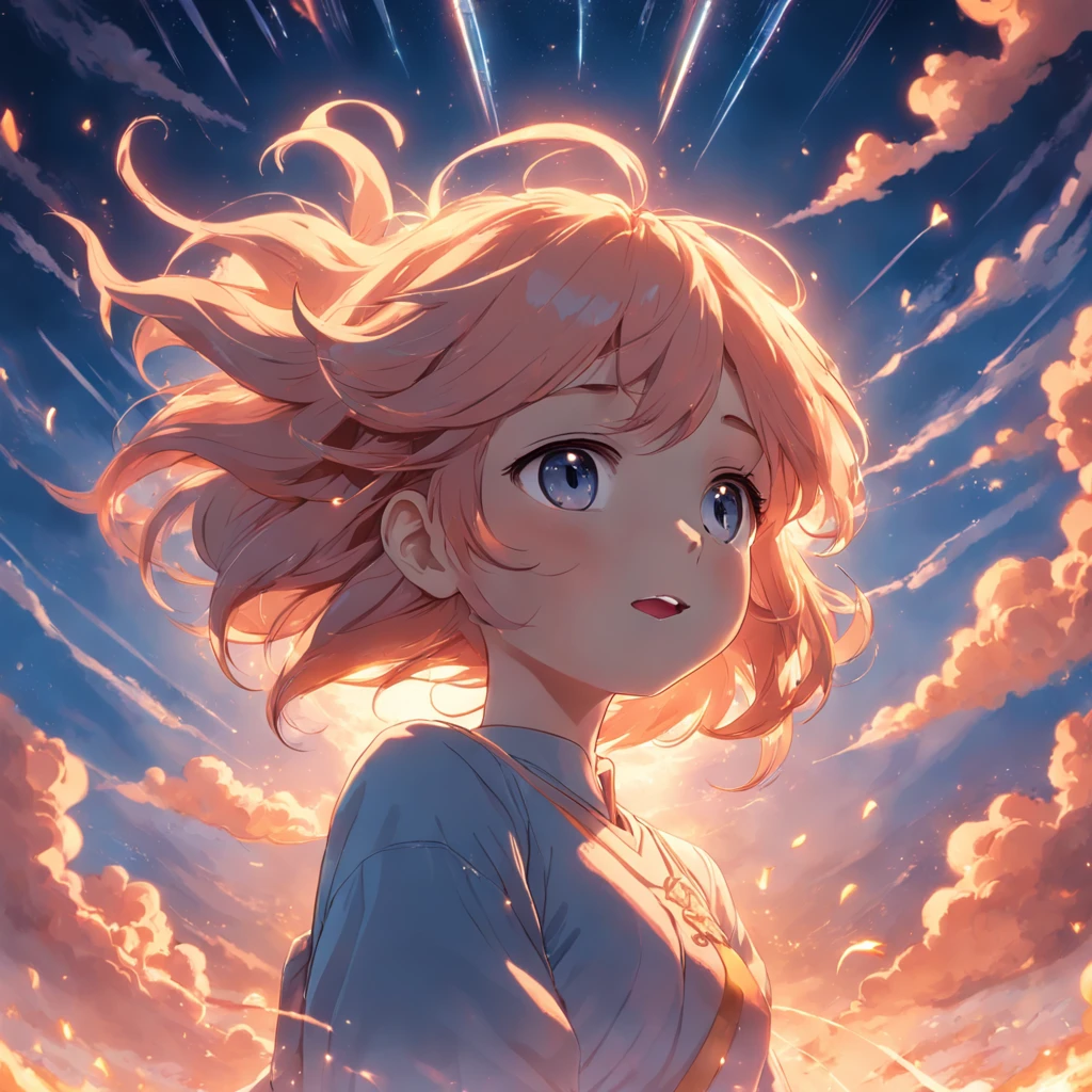 masterpiece, best quality, movie still, 1girl, cloud girl, floating in the sky, close-up, bright, happy, warm soft lighting, sunset, (sparks:0.7)