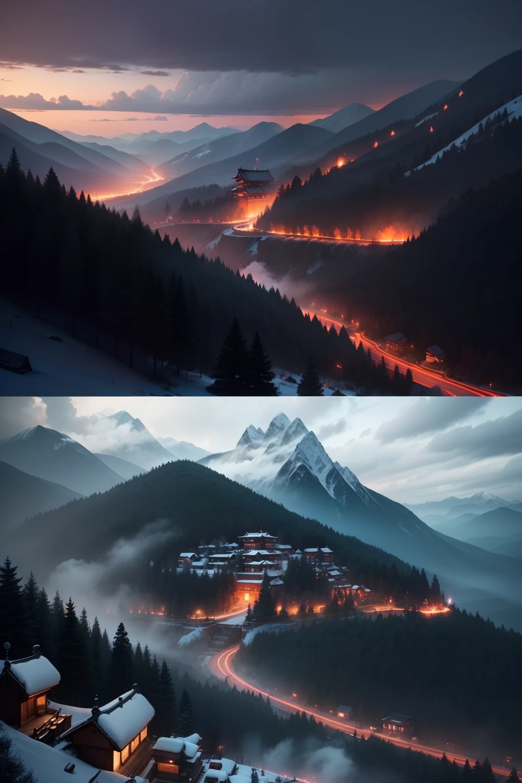 A small mountain village surrounded by mountains,The mountain is divided into lines,Pine forests cover the western side。More than forty people moving along the east,The priest stood in the middle。On their right hand side was a huge firewood burning,There was light rain in the sky,And the sky was torn red!