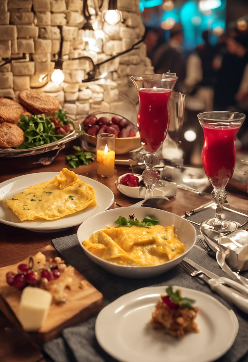 a cheese omelette, star luxury restaurent table, welvet clothing