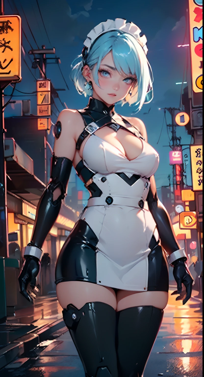 reelmech,cyborg girl,(cyborg girl:1.5),
maid android,(((1girl))),((anime mechanical robot girl with extremely cute and beautiful pale blue hair hair walking seductively down the street)),

(large breasts:1.4),saggy breasts,(((pale blue bob hair:1.35,colored inner hair,short hair,ear breathing))),(((doll))) ,((((pale blue eyes,pale white skin,doll joints,mechanical hands,silver armored dress,tesla coils,maid mechanical doll,Body of a machine,metallic skin,ball joint,no facial features,data in the eyes,cyborg, robotic parts, cable electric wires, microchip , elegant, robot)))),((blue eyes:1.3,upturned eyes:1.3,perfect eyes,beautiful detailed eyes,gradient eyes:1,finely detailed beautiful eyes:1,symmetrical eyes:1,big highlight on eyes:1.2)),((fat)),(((lustrous skin:1.5,bright skin: 1.5,skin tanned,shiny skin,very shiny skin,shiny body,plastic glitter skin,exaggerated shiny skin))),(spider lower abdomen,narrow waist,wide hip,detailed body,(detailed face)),(Mechanical joints: 1.4),(Mechanical limbs),

cute,slutty,seductive,erotic,(((nsfw))),

(maid headdress),bare_shoulders,delicate metal decorations,Headdress,(maid),sleeveless,miniskirt,boots,cleavage_cutout,bare_legs,(detailed outfit,detailed clothes),

(dynamic pose:1.0),solo focus,embarrassed,centered,scale to fit dimensions,Rule of thirds,

outdoors,((night view)),(very pretty city neon synthwave,cyberpunk night street Background:1.5,dark sky,thick clouds),future vehicles,((neon lights)),thick clouds,(cyberpunk style,neon lights, (synthwave theme background), lonely street),(((detailed background:1.25))),

(best quality),(high resolution),(sharp focus),(ultra detailed),(extremely detailed),(extremely high quality artwork),8k_wallpaper,(extremely detailed CG 8k),(very fine 8K CG),((hyper super ultra detailed perfect piece)),flawless,(((masterpiece))),illustration,vibrant colors,(intricate),High contrast,Selective lighting,Double exposure,HDR (High Dynamic Range),Post-processing,Background blur,