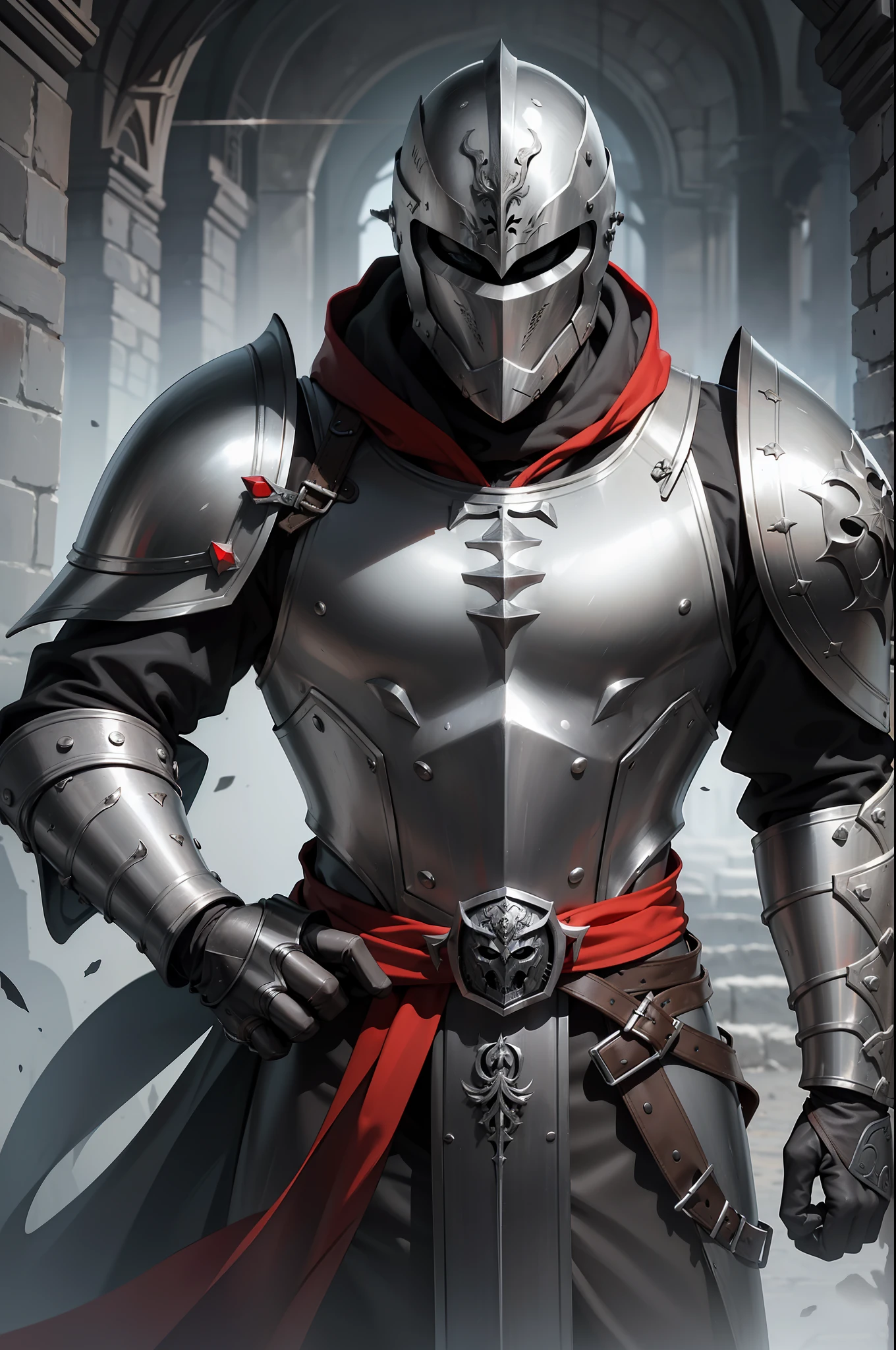 massiver antiker Ritter, ((rostiges, grey ) armour, masculine, Steuer, very muscular, stark, breite Schultern, schwer, mittelalterlich, ((Helm)), frightening, red accents
