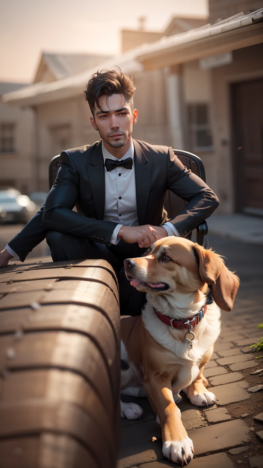 Change background, put dog with me , handsome boy realistic face 8k ultra realistic