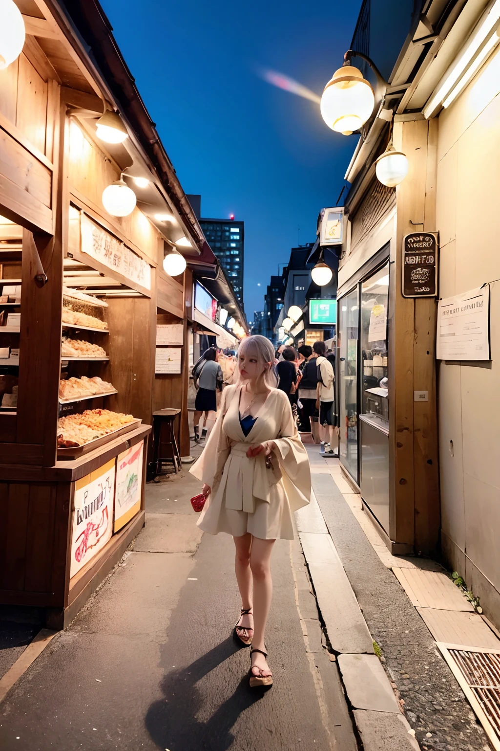 This is、It's a detailed, narrative-driven prompt describing a young Japan woman walking through downtown Tokyo in the summer of 2023:
"The bustling and bustling downtown area of Tokyo, Summer 2023, Young Japan women、You'll find yourself immersed in a journey through the city's rich tapestries. The air is thick with the smell of sizzling street food, Mingled with distant echoes of laughter and chatter. Wearing a light summer kimono dancing step by step, She navigates narrow alleys, Her eyes reflecting a kaleidoscope of neon signs and traditional lanterns.
Her path is not without purpose; She is exploring to rediscover her roots, Guided by old photos of grandparents standing in front of a forgotten store. The city has changed, however、Past repercussions?、Remains in the worn cobblestones and the weathered faces of the elders she encounters.
While she walks, She passes by a group of children playing with water balloons, Their joyful laughter rings in her ears. Street musician strumming nostalgic songs in shamisen, Notes that resonate with her soul. She stops by a vendor, Where the old man offers her a bowl of her favorite chilled somen noodles, A taste that takes her back to childhood.
The sun begins to set, casting a warm, Golden color of the cityscape. The shadows lengthen, Eta、The sound of the day is replaced by the gentle hum of the evening. She finally got to the place from the photo, Just find a modern building standing in its place. Panting of sadness hits her, however、She noticed a small plaque commemorating the store that once stood there.
Her journey is not in vain; She is connected to the past, Felt the pulse of her city, Eta、I discovered a part of myself that was waiting to be discovered. the image you create is not just a snapshot; It's about living, Moments of breathing, Filled with texture, sounds, taste, The excitement of a summer day in Tokyo. It is a photorealistic depiction of life, masterpiece