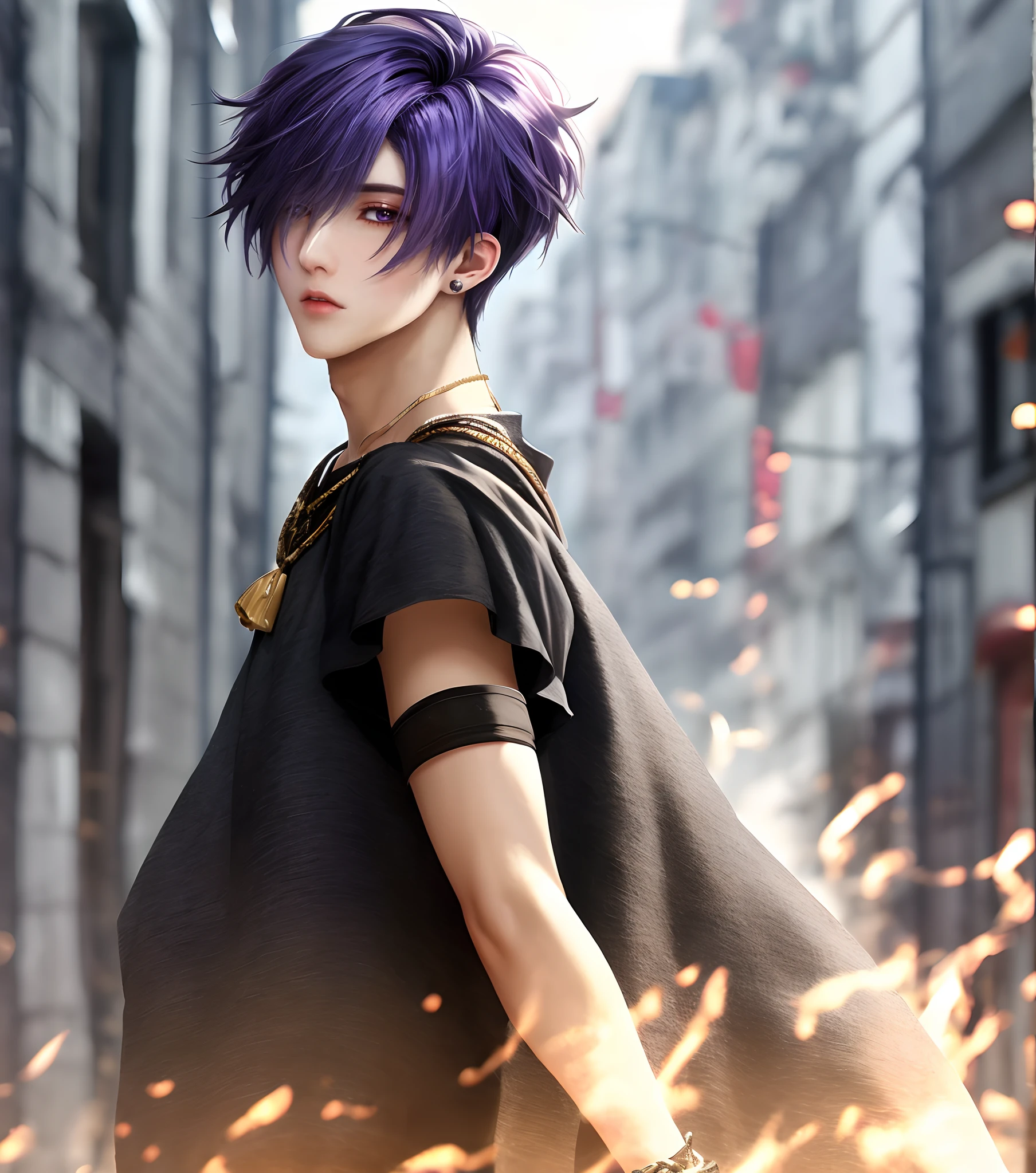 Englandtown, Professional Photos, shot from back, Photographed so that the whole body can be seen, shot from back, By Fedman with a necklace, inspired by Sim Sa-jeong, androgynous vampire, :9 detailed face: 8, extra detailed face, detailed punk hair, ((Gray)) baggy eyes, Seductive. Highly detailed, semi realistic anime, Vampires, hyperrealistic , delicate androgynous prince, imvu, Bright purple hair, Gray eyes, Black Cool Korean Fashion, Hiding both eyes with bangs, I can't see both eyes with bangs, Long bangs, short hair above the ears, Glaring expression, Wild look, looking distantly, high-level image quality, masterpiece, ((1 male human))