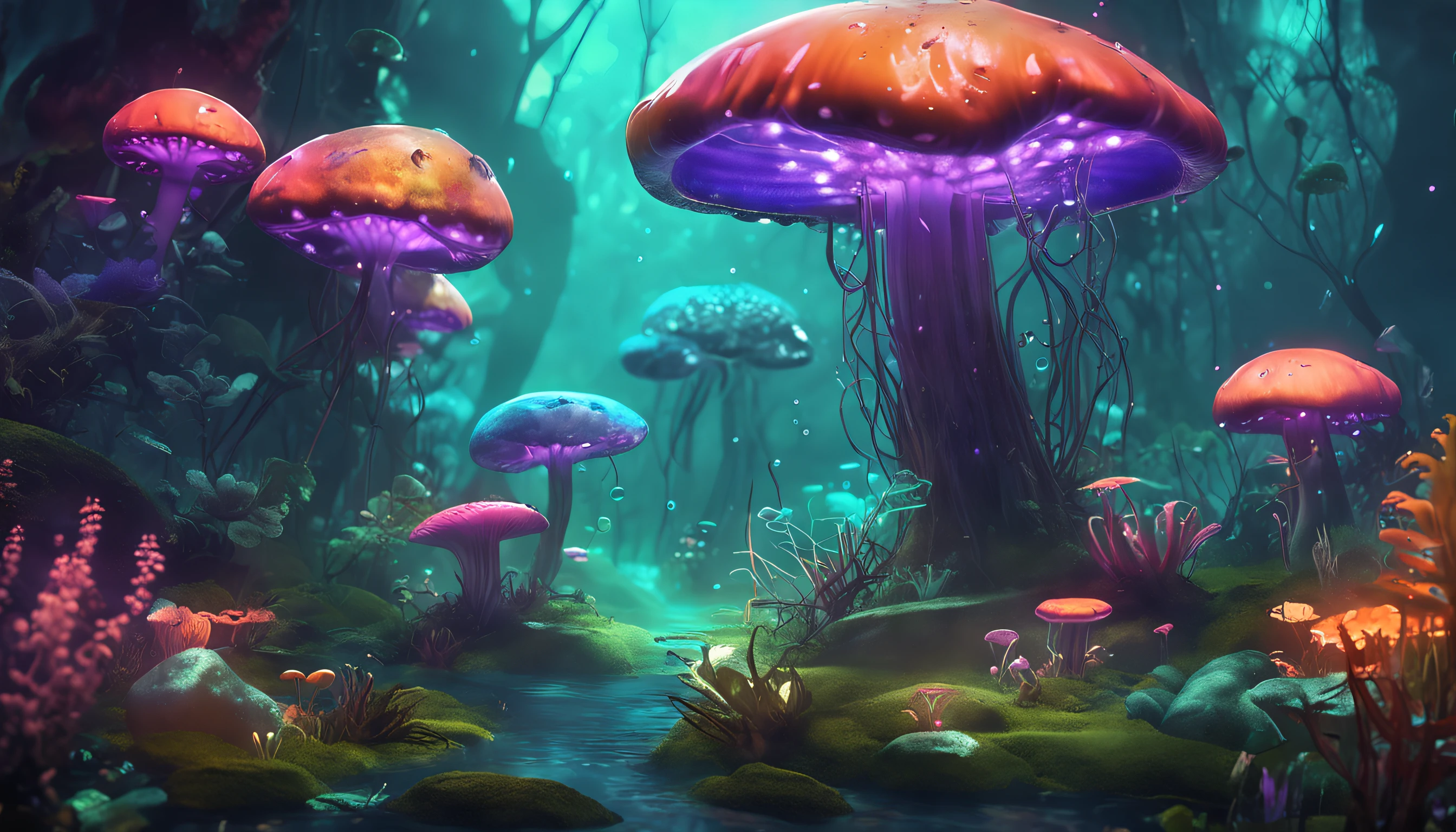 araffes in a forest with jellyfishs and other plants, underwater mushroom forest, metaverse concept art, magical concept art, surreal concept art, colorful concept art, mushroom forest, background artwork, slime mold forest environment, anime lush john 8k woods, lost in a dreamy fairy landscape, concept art for movie, stylized concept art